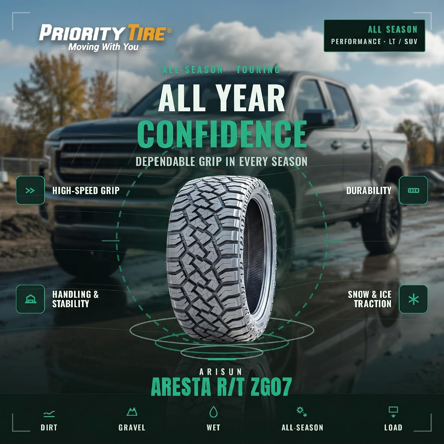 Arisun Aresta R/T ZG07 All-Terrain Mud Off-Road Light Truck Radial Tire-33X12.50R20LT 33X12.50X20 33X12.50-20 114Q Load Range E LRE 10-Ply BSW Black Side Wall