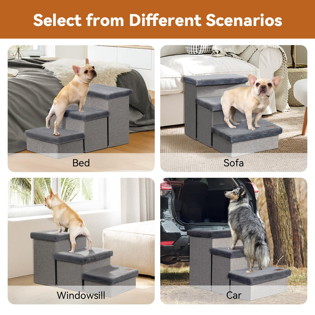 Zerbuger Dog Stairs with Condo 15" H, 2-Step Wider Dog Steps for Small/Medium/Large Old Dogs Cats, Folding Sturdy Storage Pet Stairs Climbing Bed Couch, Ramp for Car Hold Up to 150 lbs, Beige