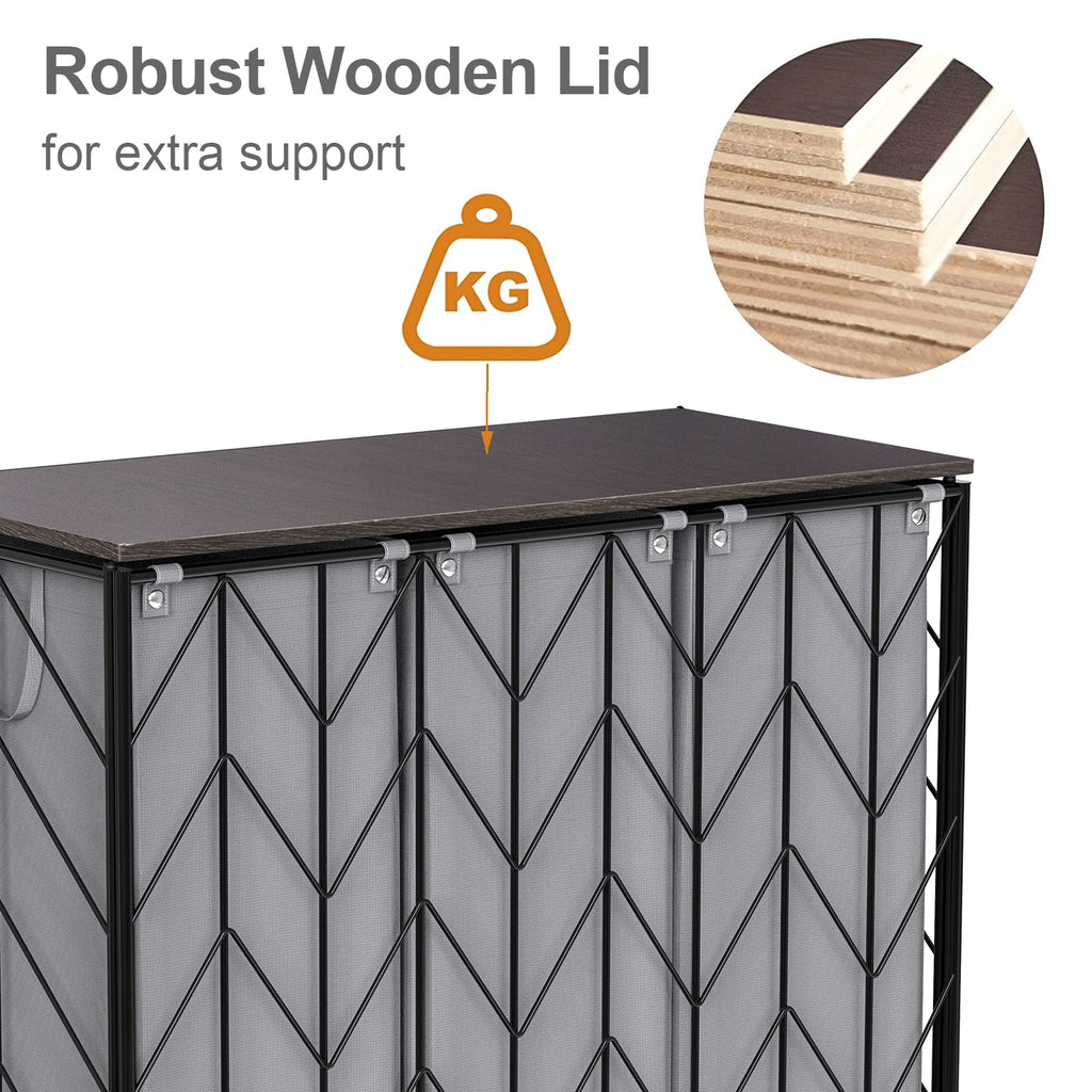 WOWLIVE Laundry Basket with Wheels, Heavy Duty Laundry Hamper with Wood Lid, Clothes Hamper with Divided Removable Liner Bag, Large Capacity Iron-Made Laundry Sorter Laundry Room Organization (Beige)