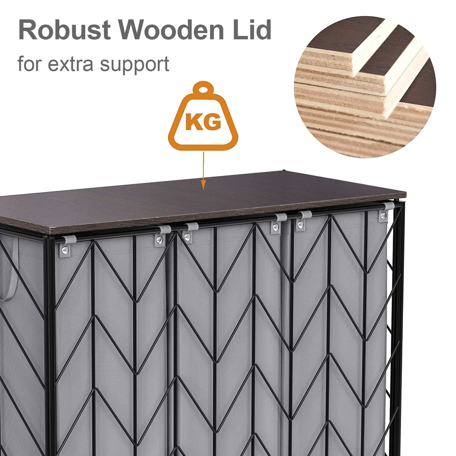 WOWLIVE Laundry Basket with Wheels, Heavy Duty Laundry Hamper with Wood Lid, Clothes Hamper with Divided Removable Liner Bag, Large Capacity Iron-Made Laundry Sorter Laundry Room Organization (Beige)