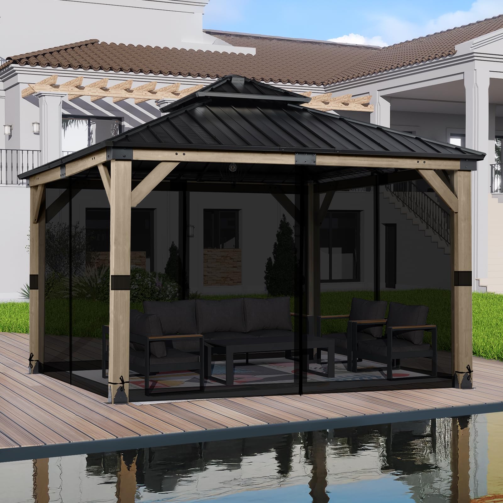 BPS 10' x 10' Gazebo Universal Mosquito Netting Screen Replacement, 4-Panel Mesh Screen Walls with Double Zippers for Outdoor Patio, Khaki (Mosquito Net Only)