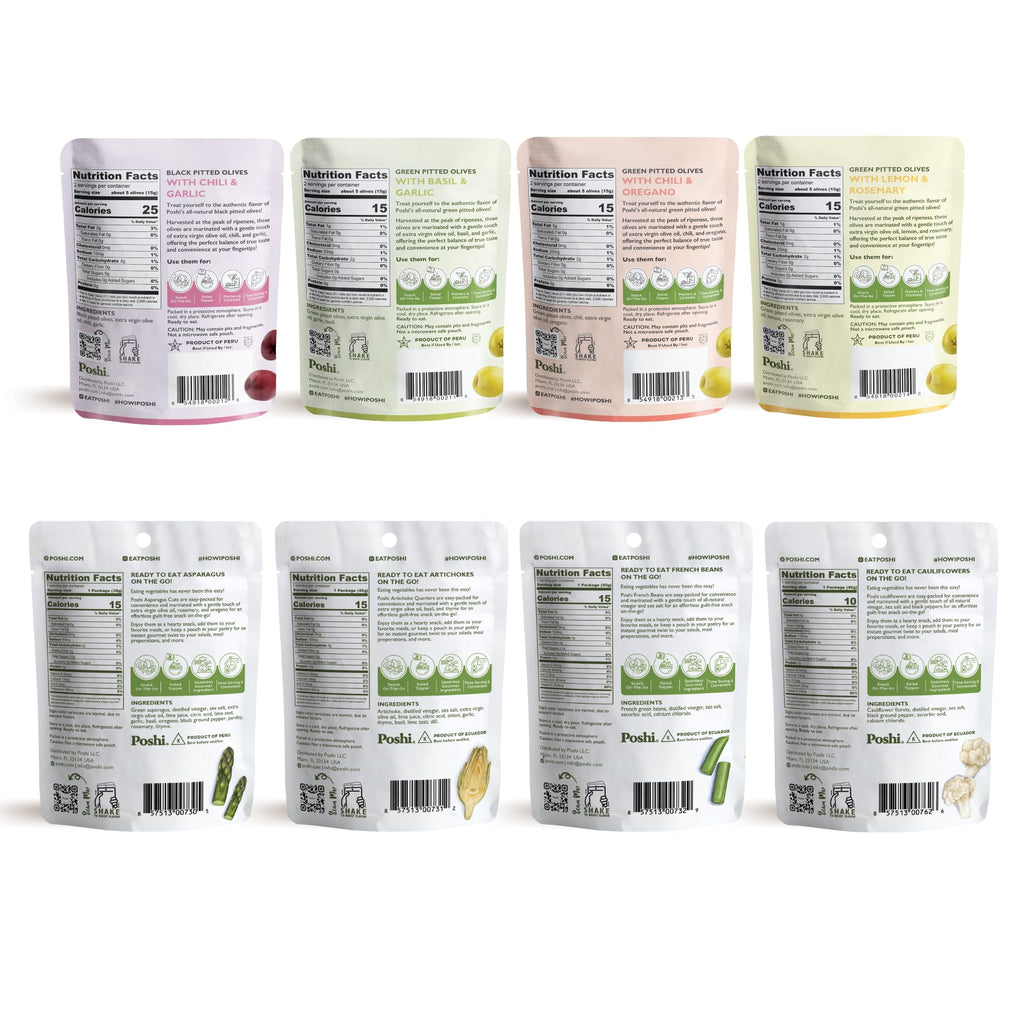POSHI Green Pitted Olives - Basil & Garlic | Vegan, Kosher, Gluten Free + Keto Friendly, Fresh, Low Calorie Healthy Snacks | (30 Pack, 1.1oz Bags)
