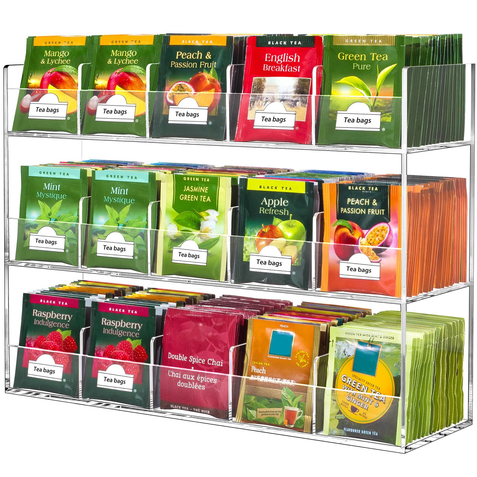 BEYGORM Acrylic Tea Bag Organizer for 216 Tea Packets, No Assembly Required, Display Holder for Countertop, Vertical Tea Bag Caddy for Cabinet, Tea bar Accessories, Teabags Storage Containers