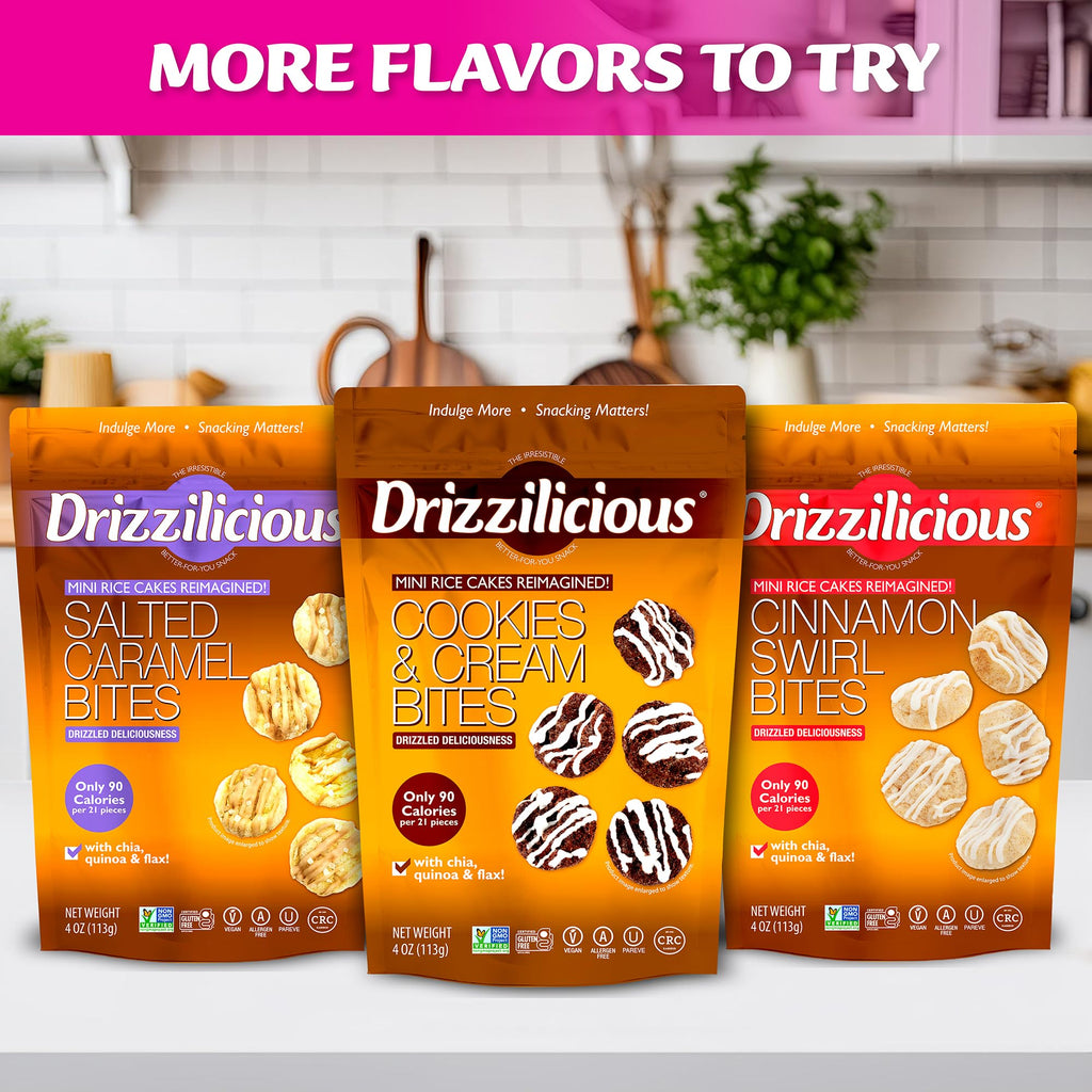 Drizzilicious Mini Flavored Rice Cakes - Rice Crisps, Healthy Snack for Adults and Kids, Vegan, Gluten Free Snack, 90 Calories Per 21 Pieces, S'mores & Cinnamon Swirl - 4 oz (Pack of 6)