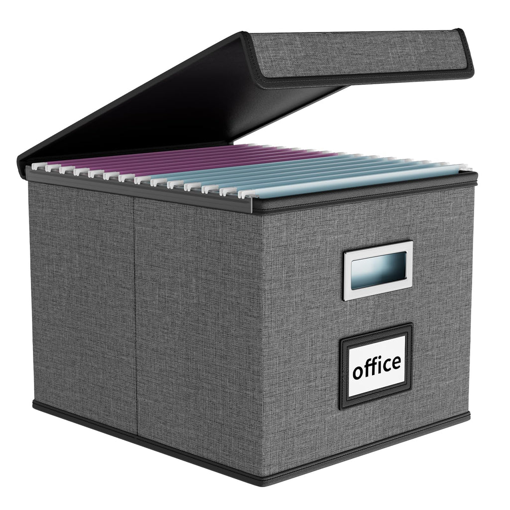 File Organizer Box with Lid, Collapsible Faux Leather Hanging File Folder Box Organizer with Plastic Slides, Decorative Home/Office Filing System Boxes for File and Folders Storage