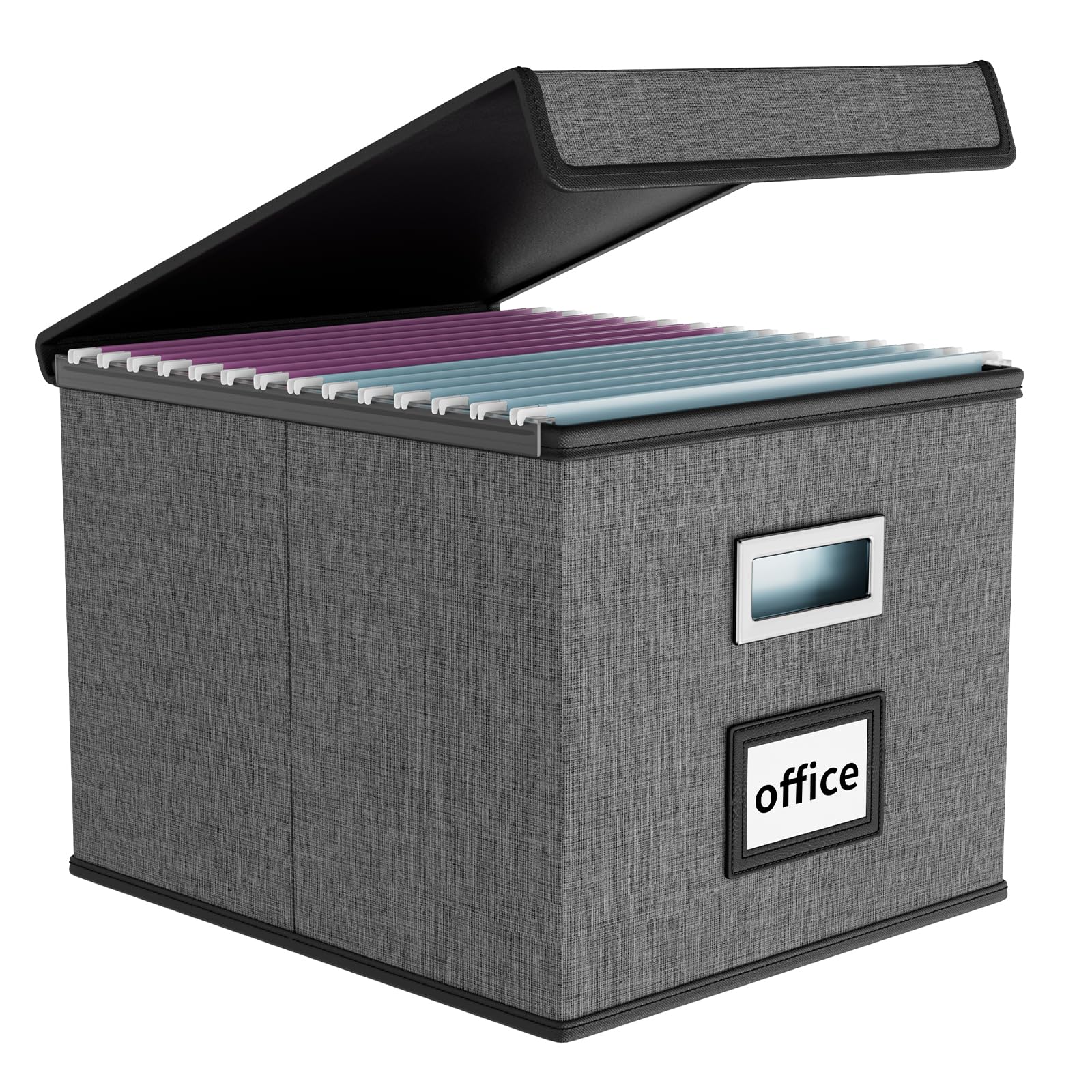 File Organizer Box with Lid, Collapsible Faux Leather Hanging File Folder Box Organizer with Plastic Slides, Decorative Home/Office Filing System Boxes for File and Folders Storage