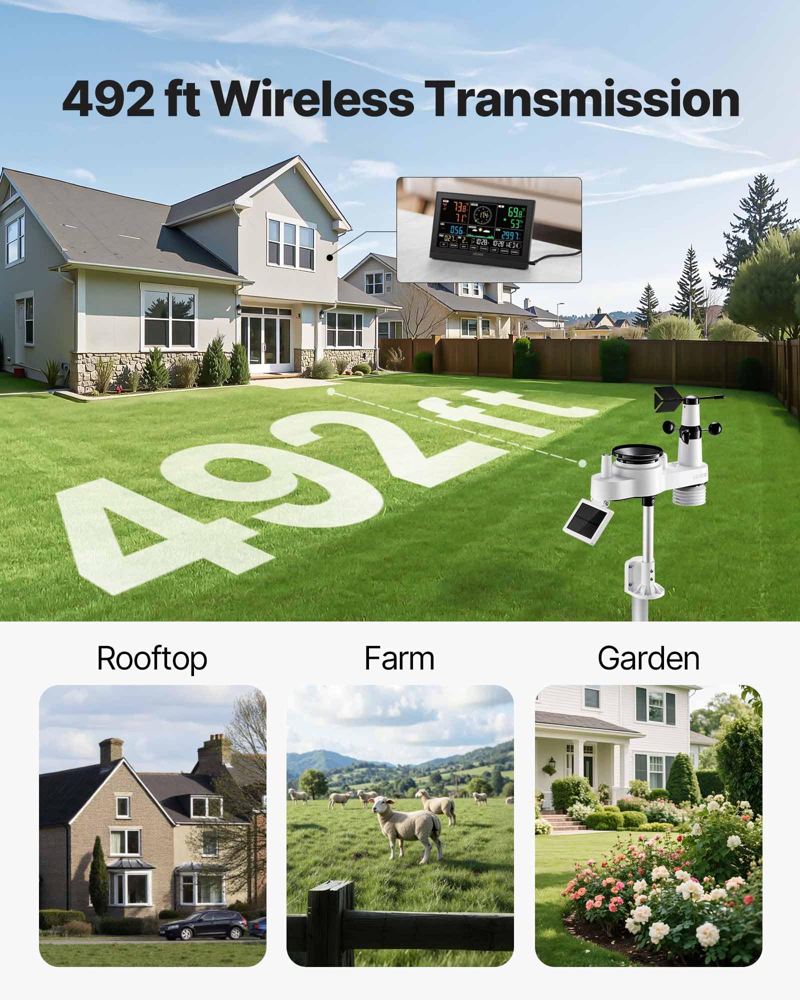 VEVOR 5-in-1 Wireless Weather Station, 7.5-Inch VA Display, Solar Powered Outdoor Sensor, Rain Gauge, Indoor Outdoor for Weather Forecast, Temperature, Humidity, Wind Speed and Direction (No WiFi)