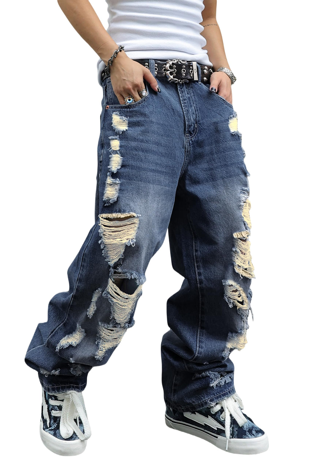 MZNBURAM Men's Non-Stretch Loose Fit Wide-Leg Baggy Jeans Pants
