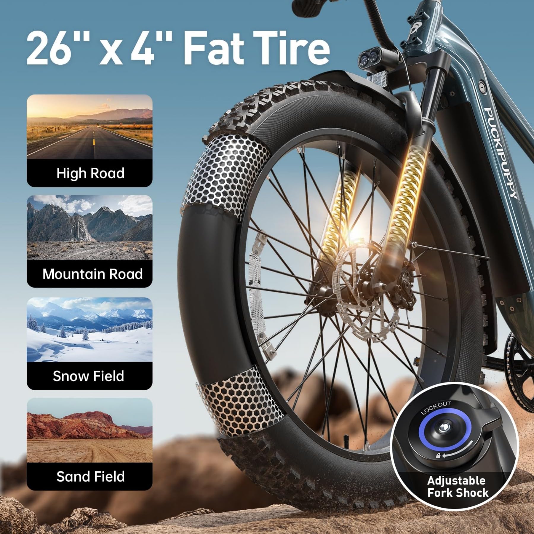PUCKIPUPPY Electric Bike for Adults with 960W(Peak), 26" Fat Tire Electric Mountain Bike, 48V 15AH Removable Battery Ebike, 28MPH Aluminum Frame E Bike with Rear Storage Shelf