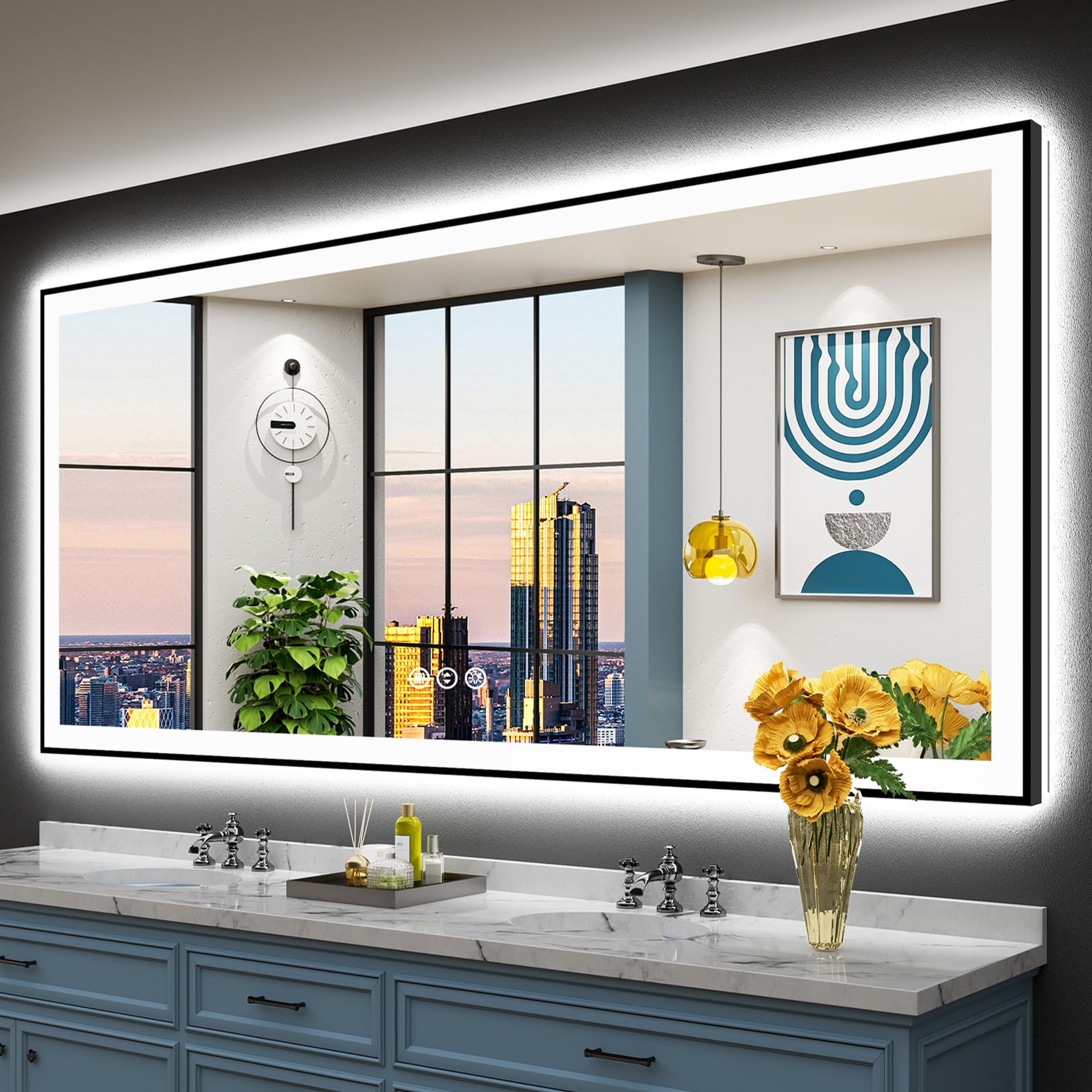 24x32 Black Framed LED Bathroom Mirror with Lights, Backlit and Front Lit Anti-Fog Lighted Vanity Mirrors for Bathroom Wall, Dimmable, 3 Colors, Memory, HD Tempered Glass, Horizontal/Vertical