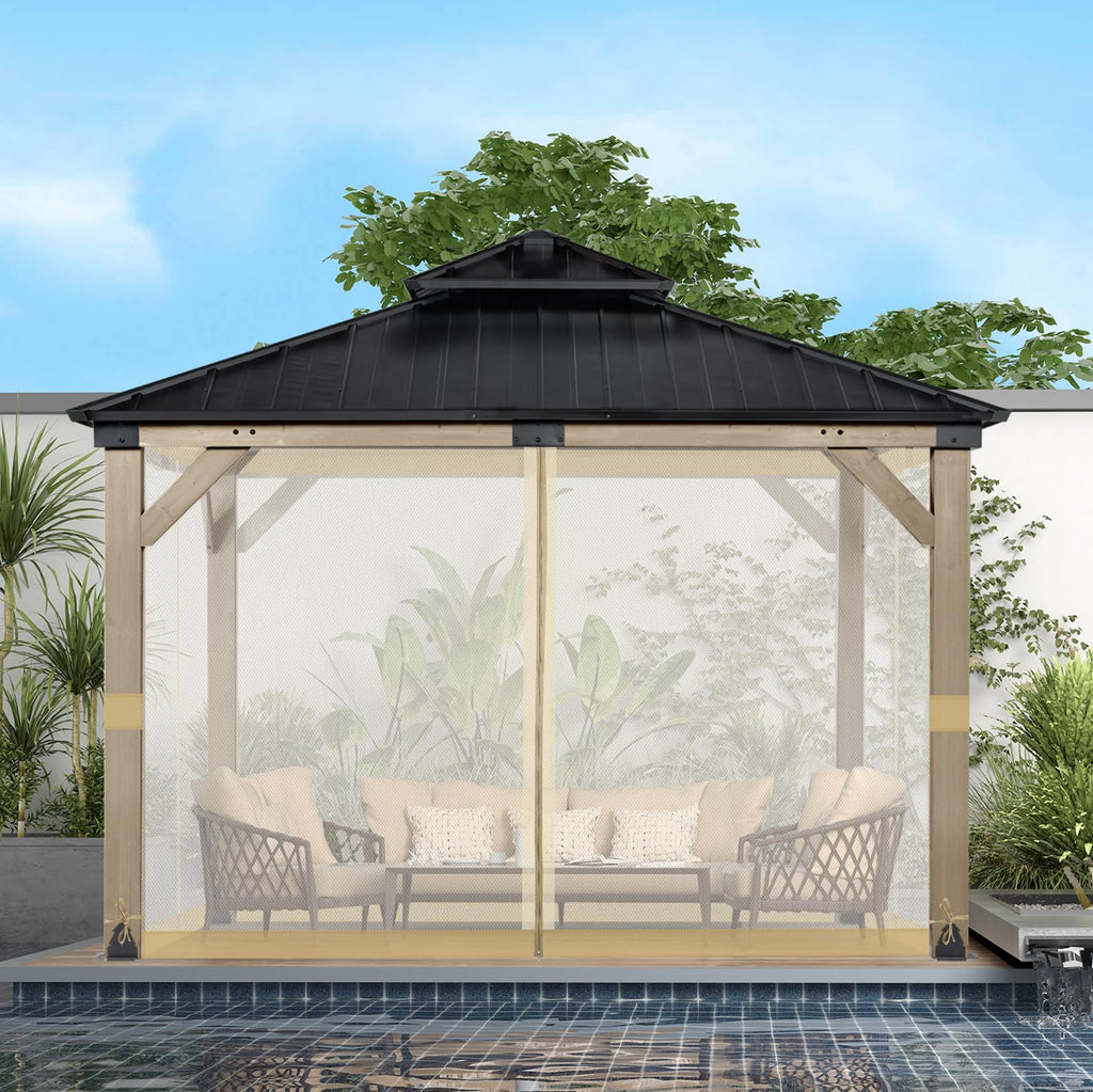 BPS 10' x 10' Gazebo Universal Mosquito Netting Screen Replacement, 4-Panel Mesh Screen Walls with Double Zippers for Outdoor Patio, Khaki (Mosquito Net Only)