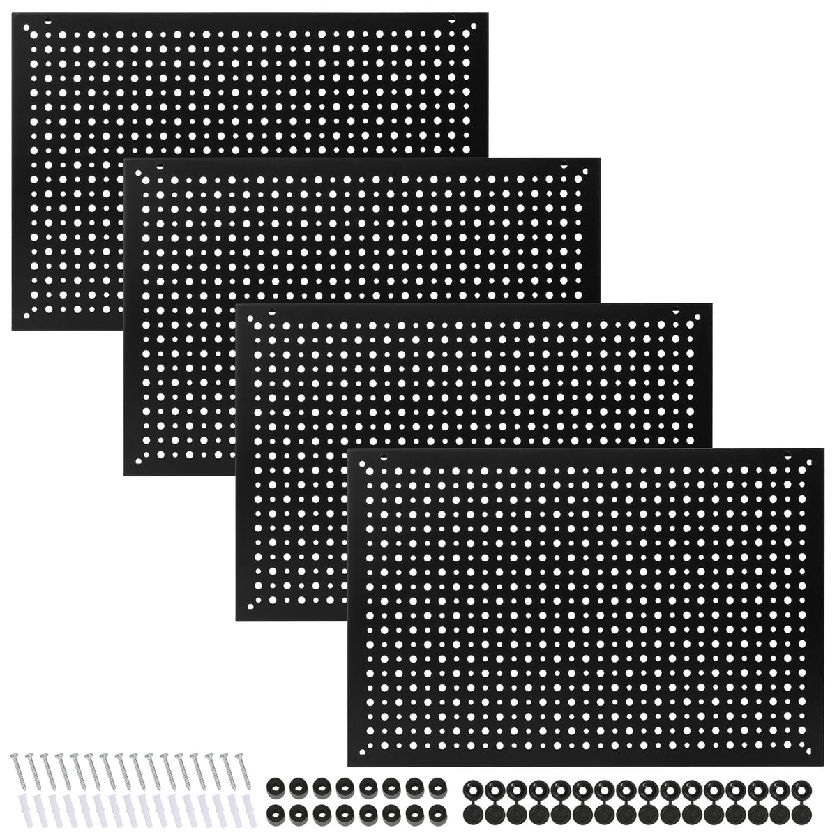 Peg Board,Steel Organization Panels, Ideal for Garage Tool Storage, Office Organization, Craft Room, Kitchen,Pack of 4 (Black, 4-12X12)