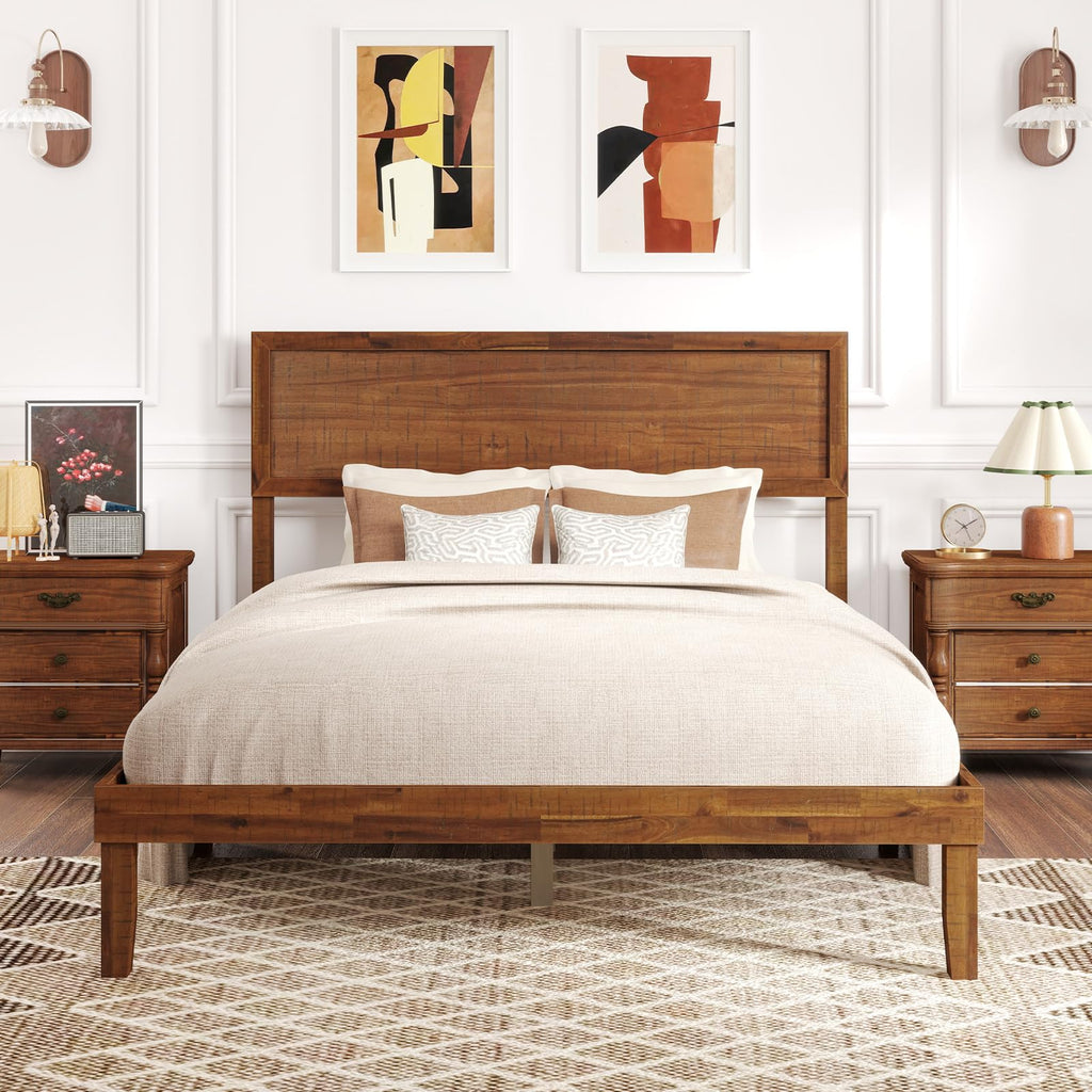 Giantex Wood Twin Bed Frames with Headboard, Solid Acacia Wood Platform Bed with 12 Strong Wooden Slat Support, Scandinavian Style Art Deco Twin Size Bed Frame, No Box Spring Needed, Rustic Brown