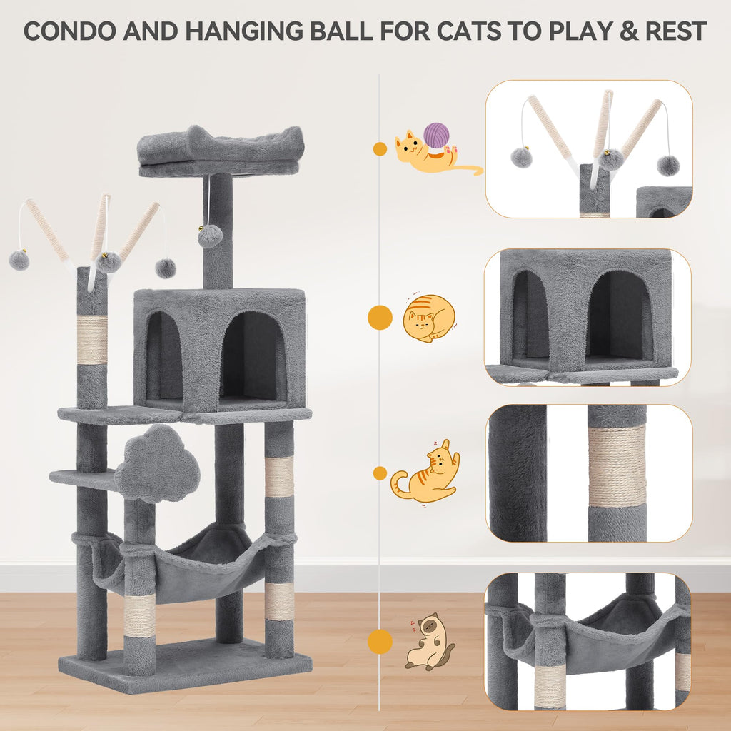 YITAHOME 44in Multi-Level Cat Tree for Indoor Kittens, Cat Furniture with Scratch Posts, Window Padded Plush Perch, Comfortable Hammock, and Interactive Pompoms, Beige