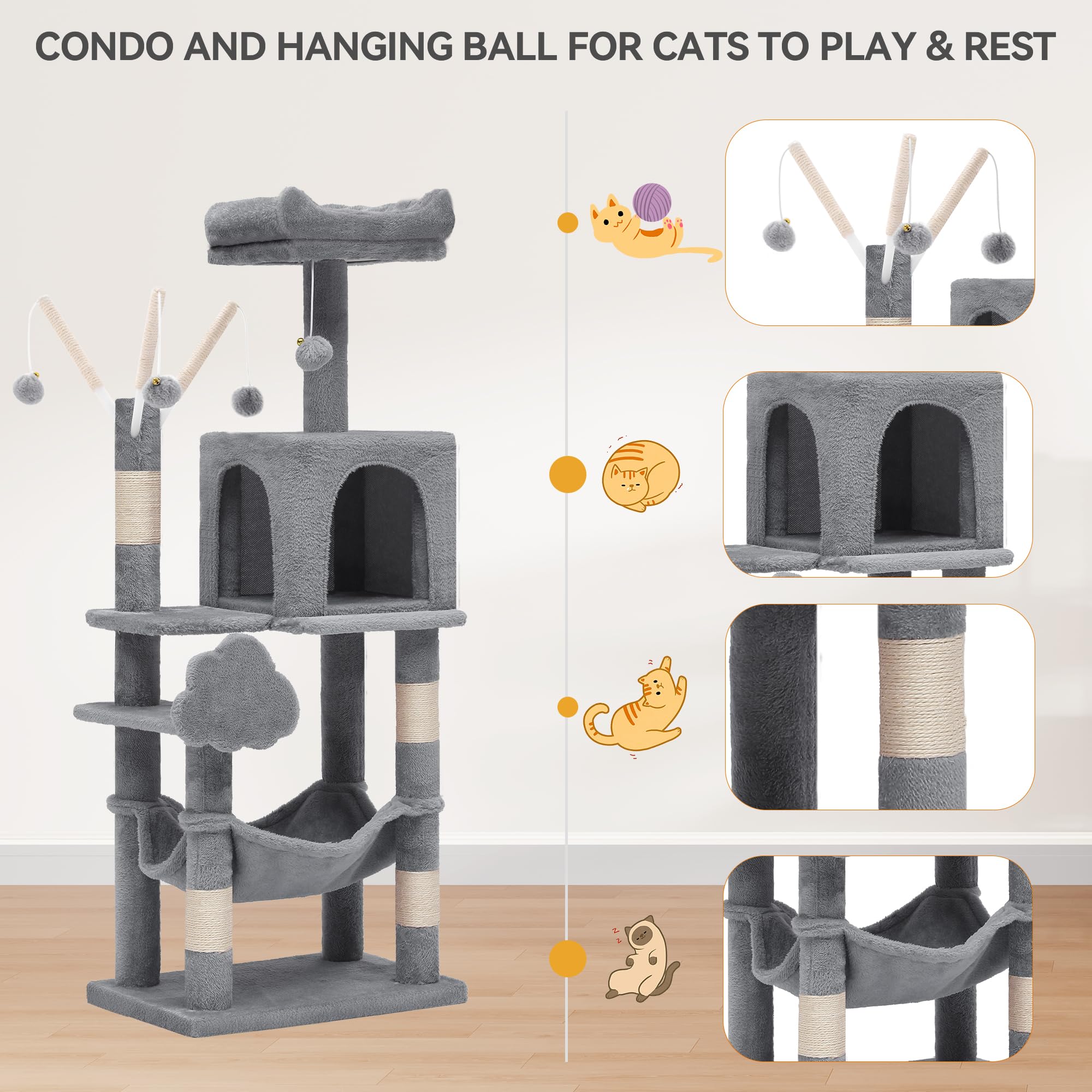 YITAHOME 44in Multi-Level Cat Tree for Indoor Kittens, Cat Furniture with Scratch Posts, Window Padded Plush Perch, Comfortable Hammock, and Interactive Pompoms, Beige
