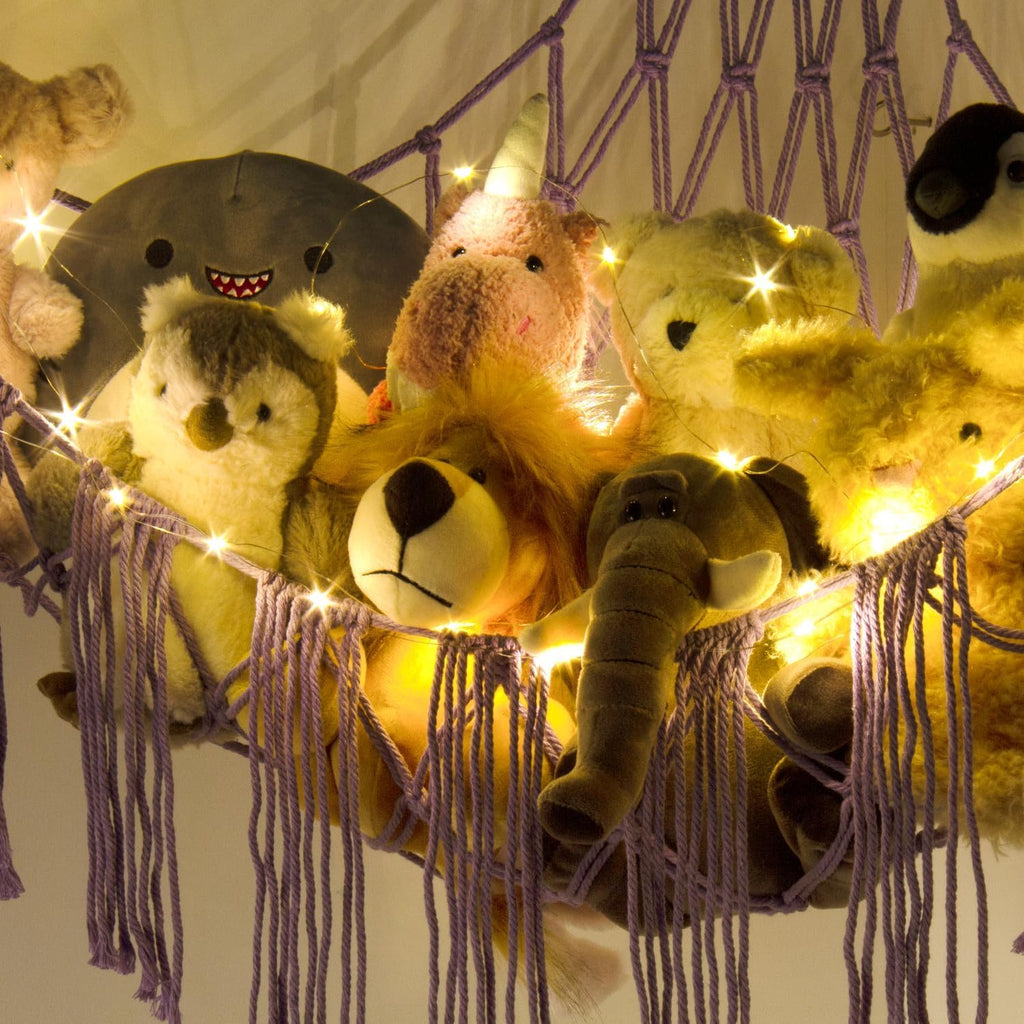 Stuffed Animal Hammock Corner with LED Light - Toy Storage Hammock Plushie Net Large - Cute Stuff Animals Holder Hanging Organizer - Baby Room Decor Kids Toddler Nursery Bedroom Boho