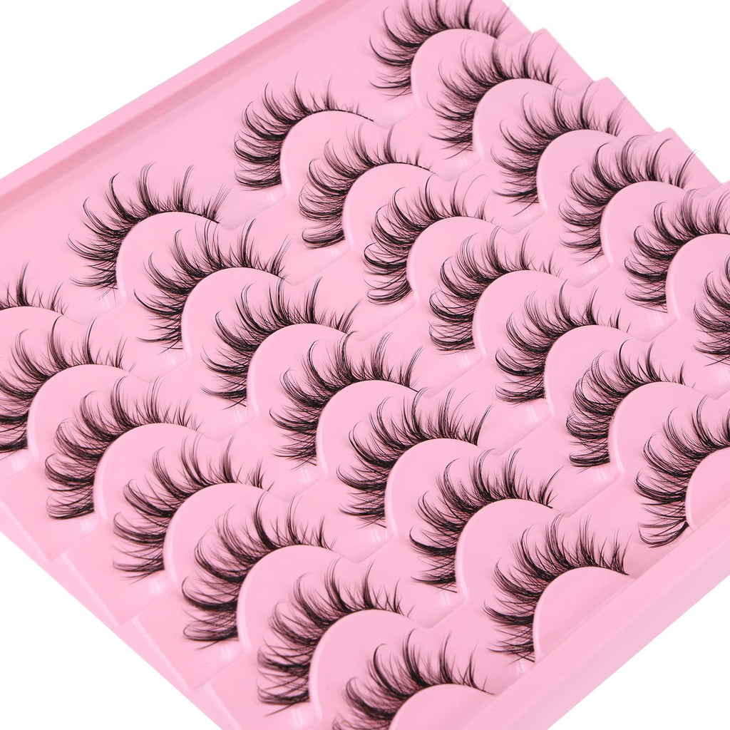 False Lashes Natural Look Wispy Eyelashes Manga Korean Spiky 16mm Short Faux Mink Eyelashes Cat Eye Natural Fake Eyelashes Strip Lashes Pack 14 Pairs