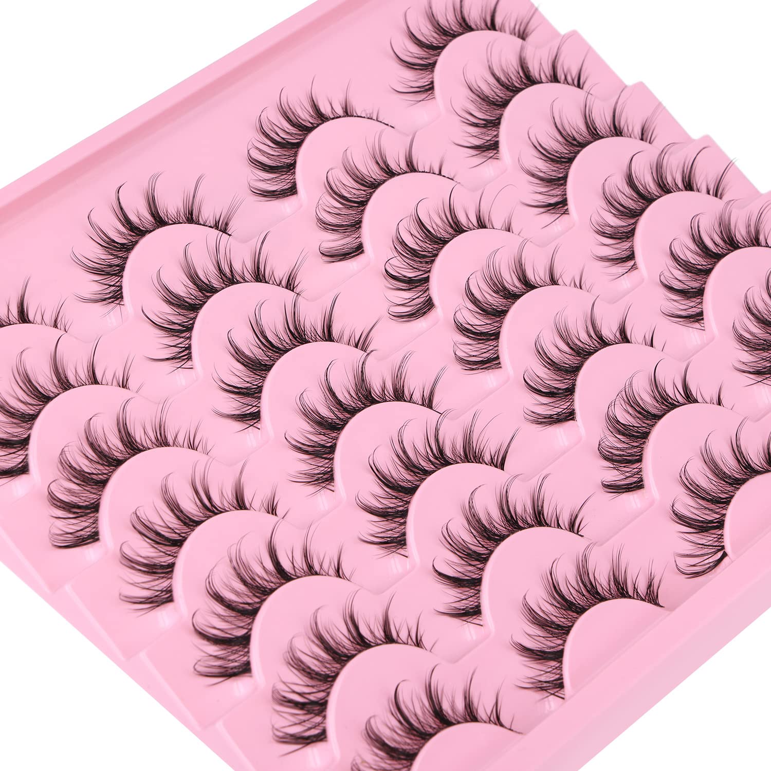 False Lashes Natural Look Wispy Eyelashes Manga Korean Spiky 16mm Short Faux Mink Eyelashes Cat Eye Natural Fake Eyelashes Strip Lashes Pack 14 Pairs