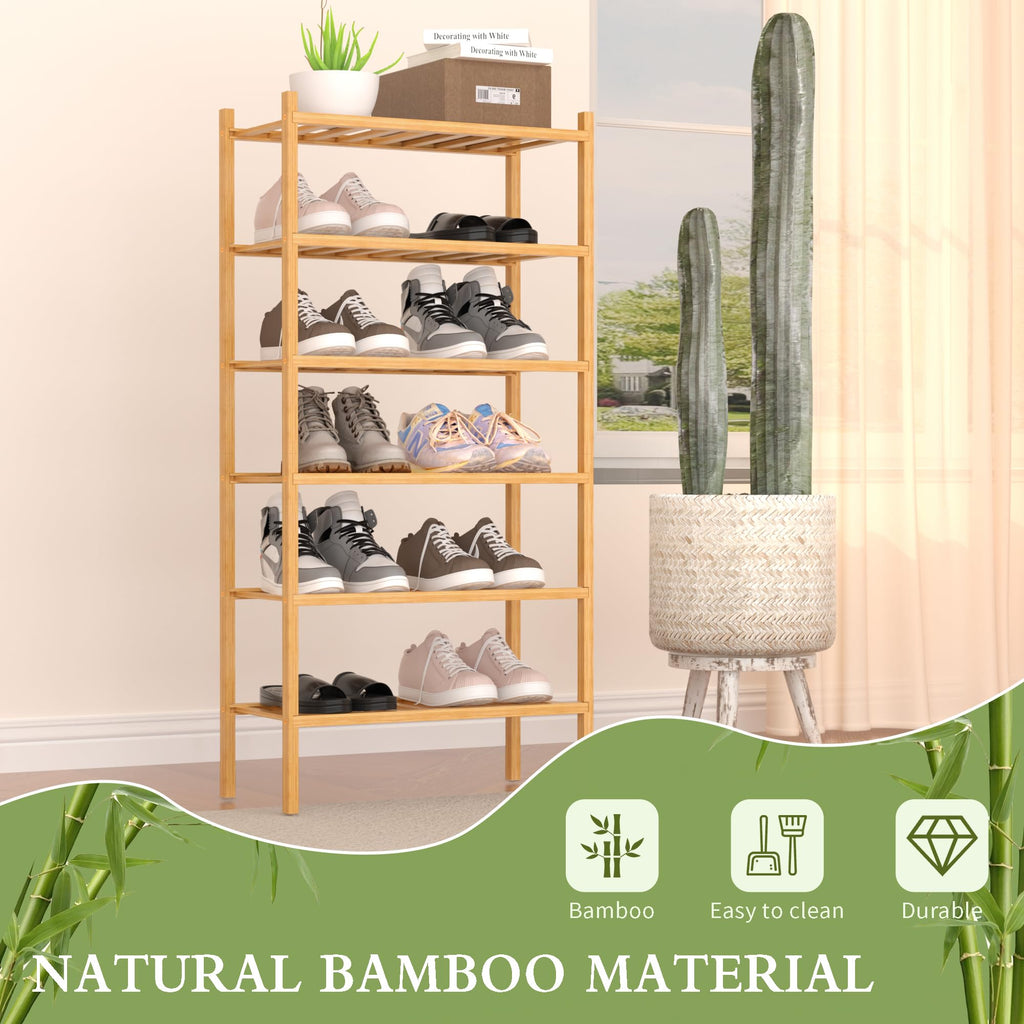 ROMGUAR CRAFT 2-Tier Bamboo Long Shoe Rack, Free Standing Wood Shoe Shelf Storage Organizer for Closet Entryway Stackable 35"x11"x13" (Black)