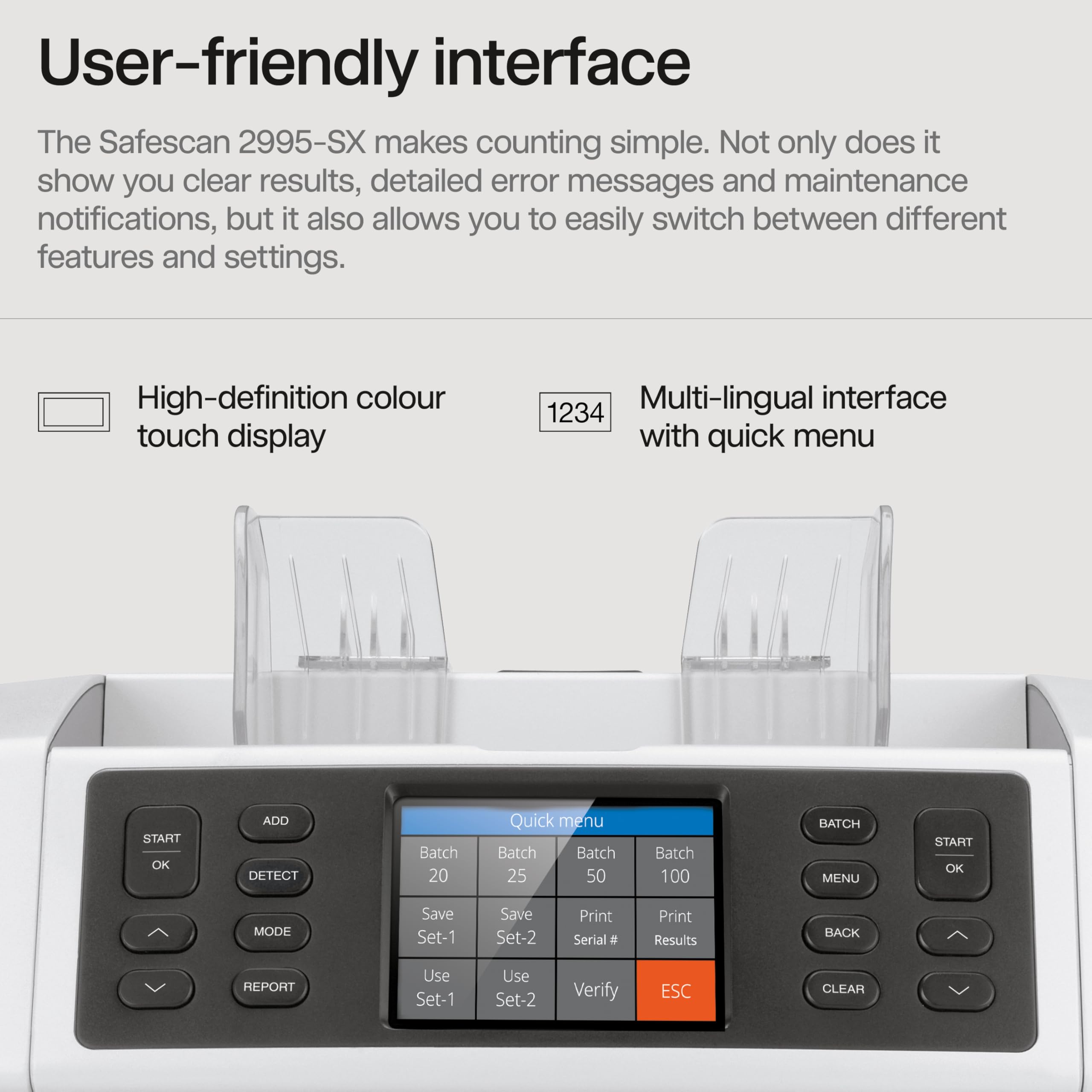Safescan 2210 Money Counter Machine with Counterfeit Detection, Add/Batch Modes, LCD-Display, High-Speed Counts 1,000 bills per minute, 2 Point Counterfeit Check - Sorted Counter for All Currencies