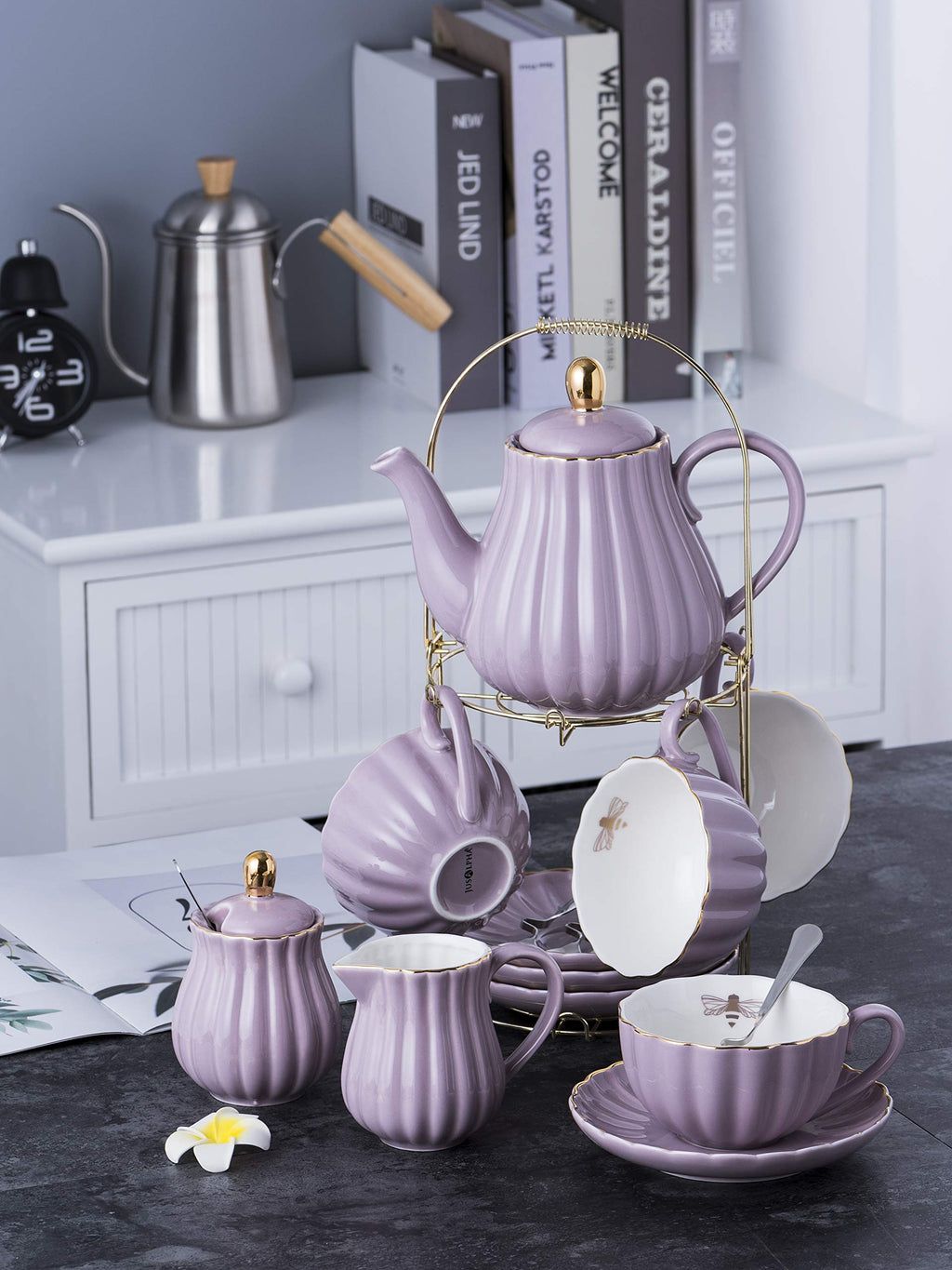 Jusalpha Serve for 6- Fine China Pink Coffee Cup/Teacup Set, 8 OZ Cups& Saucer, with Teapot-Sugar Bowl-Cream Pitcher Teaspoons and tea strainer for Tea/Coffee (Lavender, Serve of 6)
