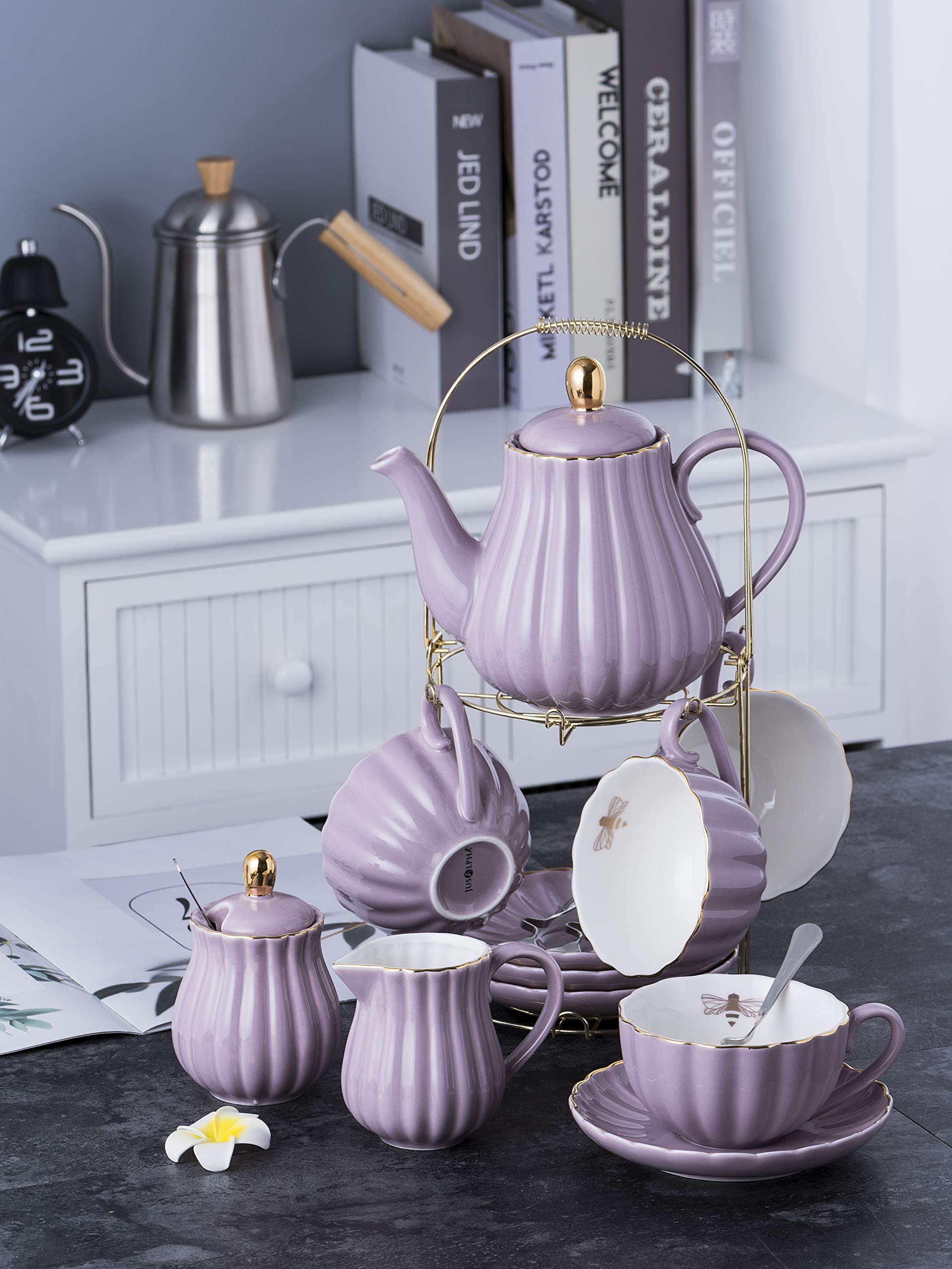 Jusalpha Serve for 6- Fine China Pink Coffee Cup/Teacup Set, 8 OZ Cups& Saucer, with Teapot-Sugar Bowl-Cream Pitcher Teaspoons and tea strainer for Tea/Coffee (Lavender, Serve of 6)