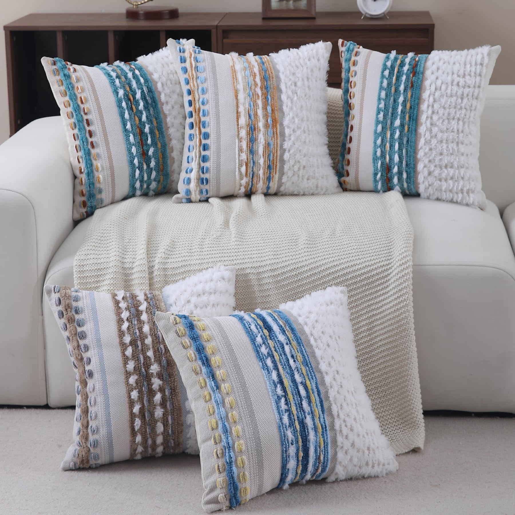 Boho Pillow Covers 18x18 Set of 2 for Couch-Modern Farmhouse Sofa Decorative Throw Pillow Covers Textured Chenille Cushion Covers Outdoor Netural Bohemian Pillow Cases Square
