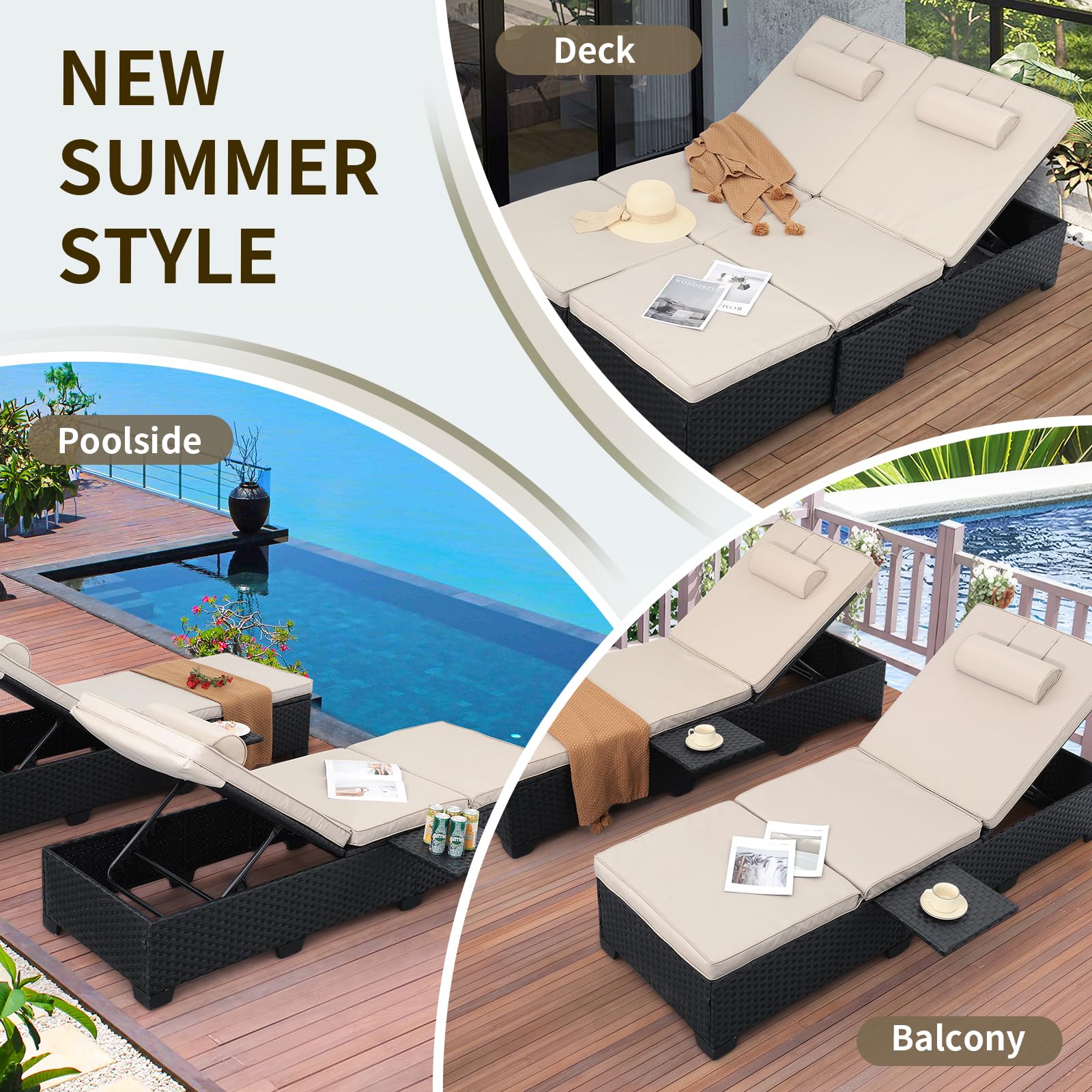 WAROOM Outdoor Chaise Lounge Chairs for Outside Patio Furniture Set of 2 Wicker Recliner Black Rattan Sunbathing Lounger Adjustable Backrest Pool Reclining Chair, Navy Blue Cushion