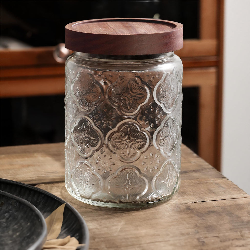 Custde Glass Storage Jars With Airtight Lid, 23.7oz Container For Kitchen Counter with Wooden Lid, brown sugar, candy, coffee, cookie, salt, tea, cute Jar (35oz Large Begonia Flowers)