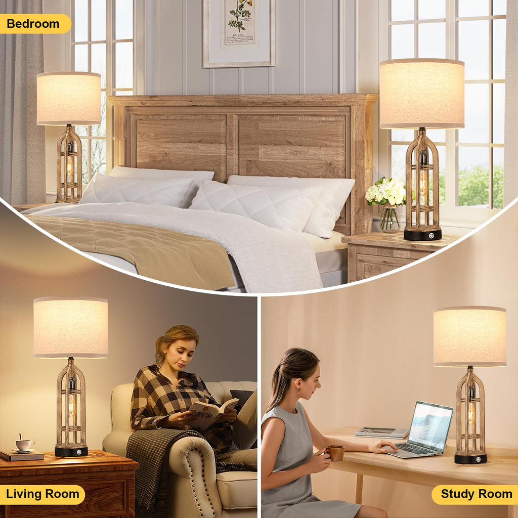Seealle Table Lamp for Living Room Set of 2 - Wood-Like Bedside Lamp for Bedroom with USB C+A & Outlet, Farmhouse Lamps for Night Stands, 3-Way Dimmable Touch Lamps for Living Room