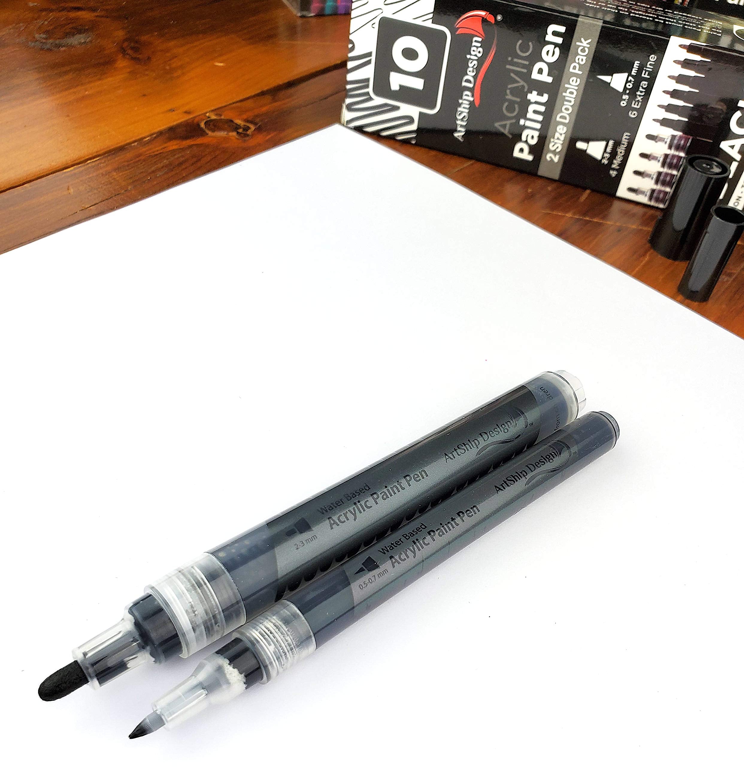 ArtShip Design 10 Black Acrylic Paint Pens, Double Pack of Both Extra Fine and Medium Tip Paint Markers, for Rock Painting, Mug, Ceramic, Glass, and Fabric Painting, Water Based Non-Toxic and No Odor