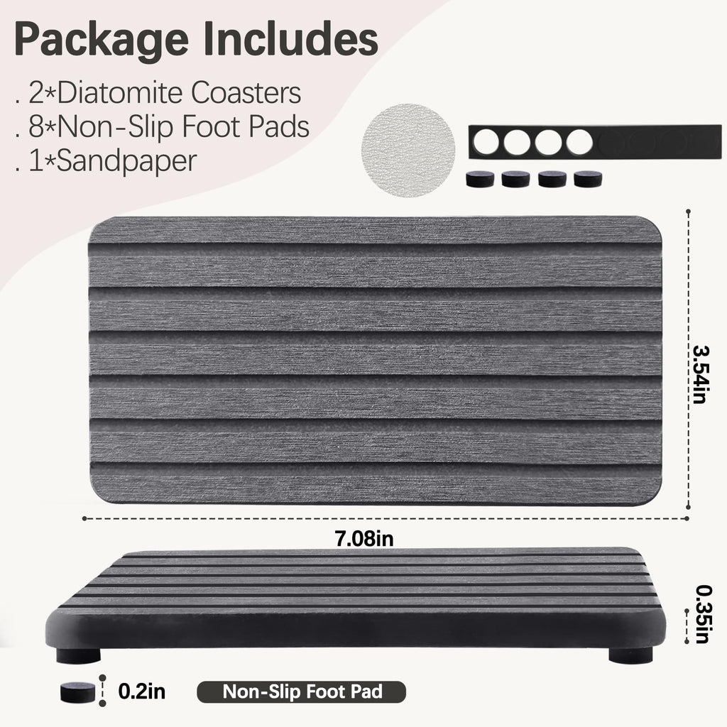 NiuYichee 2 PCS Water Absorbent diatomite Coasters, 7.1" x 3.5" Water Absorbing Stone Tray for Sink, Stone Drying mat for Kitchen Counter, Stone soap Tray Used for Hand Soaps & toiletries & Plants