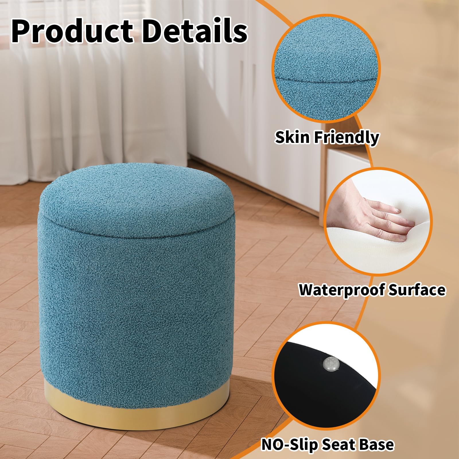 Joveco Boucle Round Ottoman with Storage,Vanity Stool with Storage for Bedroom, Ottoman Coffee Table,Small Boucle Foot Stool for Living Room, Black with Gold Plating