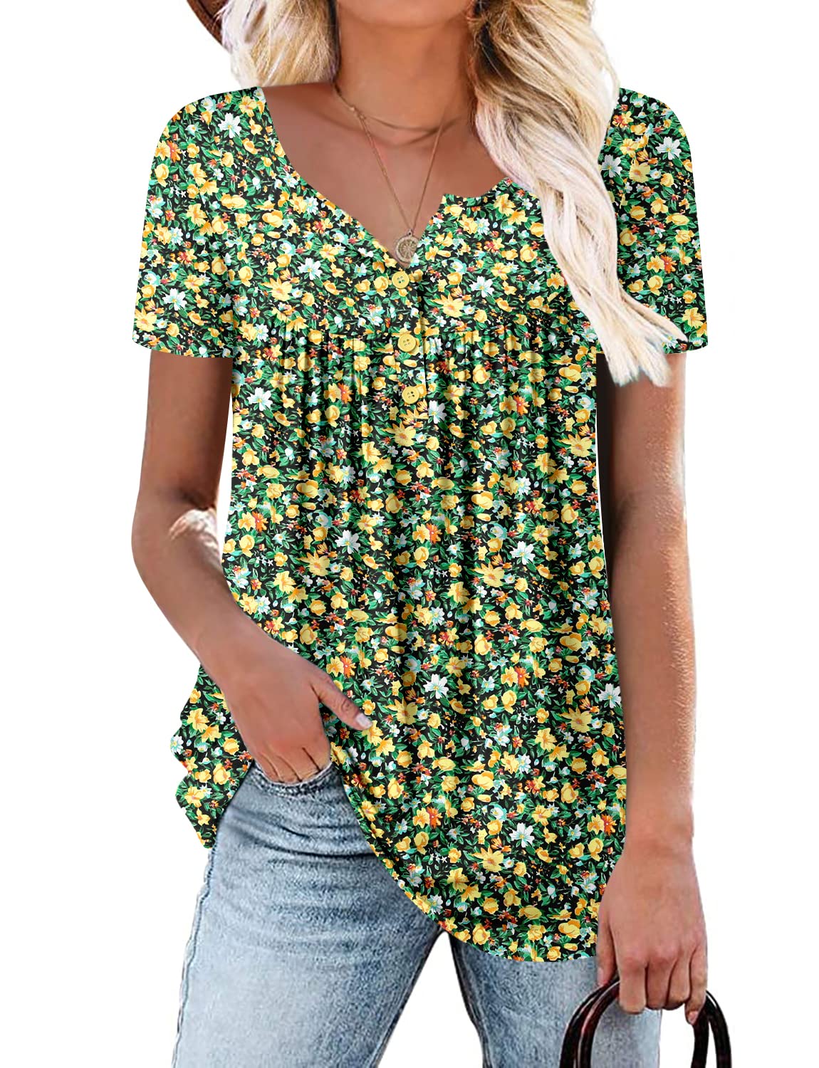 Mystry Zone Womens Henley V Neck Casual Blouse Button Down T Shirts Flare and Flowy Tops