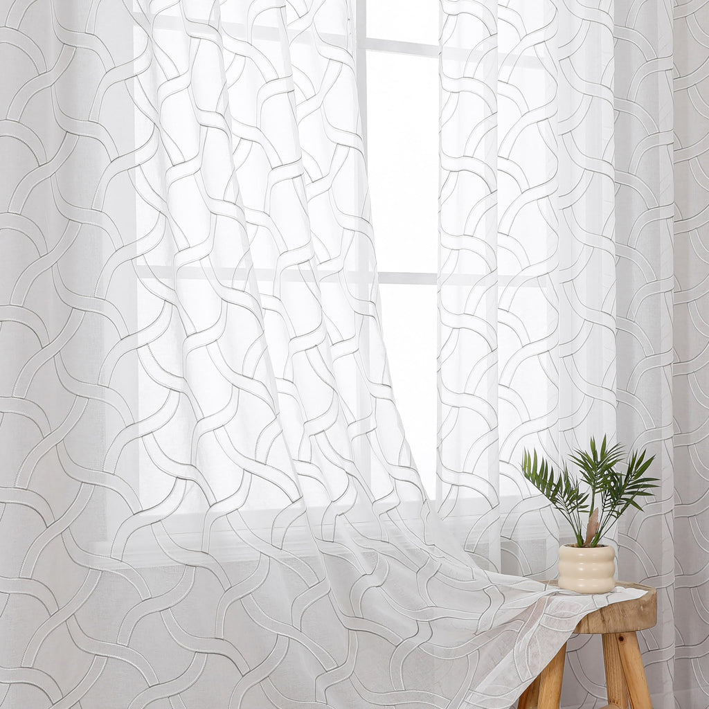 VISIONTEX Sheer Curtains 63 Inches Long 2 Panels Set, Beige and Ivory Moroccan Embroidery Texture Geometric Rod Pocket White Voile Tulle Semi Window Treatment Pair for Bedroom, W54 x L63