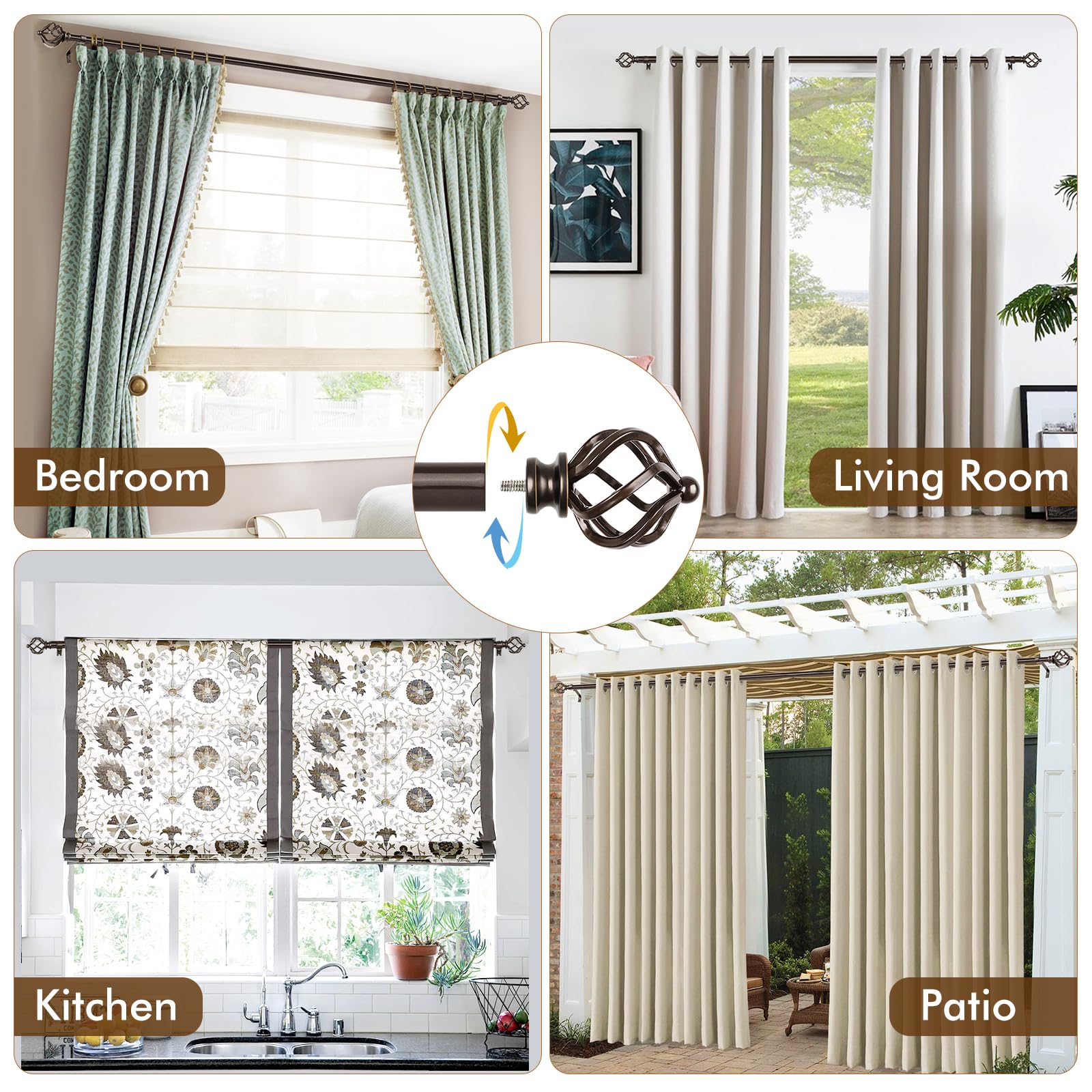 KAMANINA Silver Curtain Rod 32 to 58 Inch(2.6-4.8ft), Adjustable Curtain Rods for Windows 28 to 48 Inch, 3/4 Inch Splicing Drapery Rods with Twisted Cage Finial