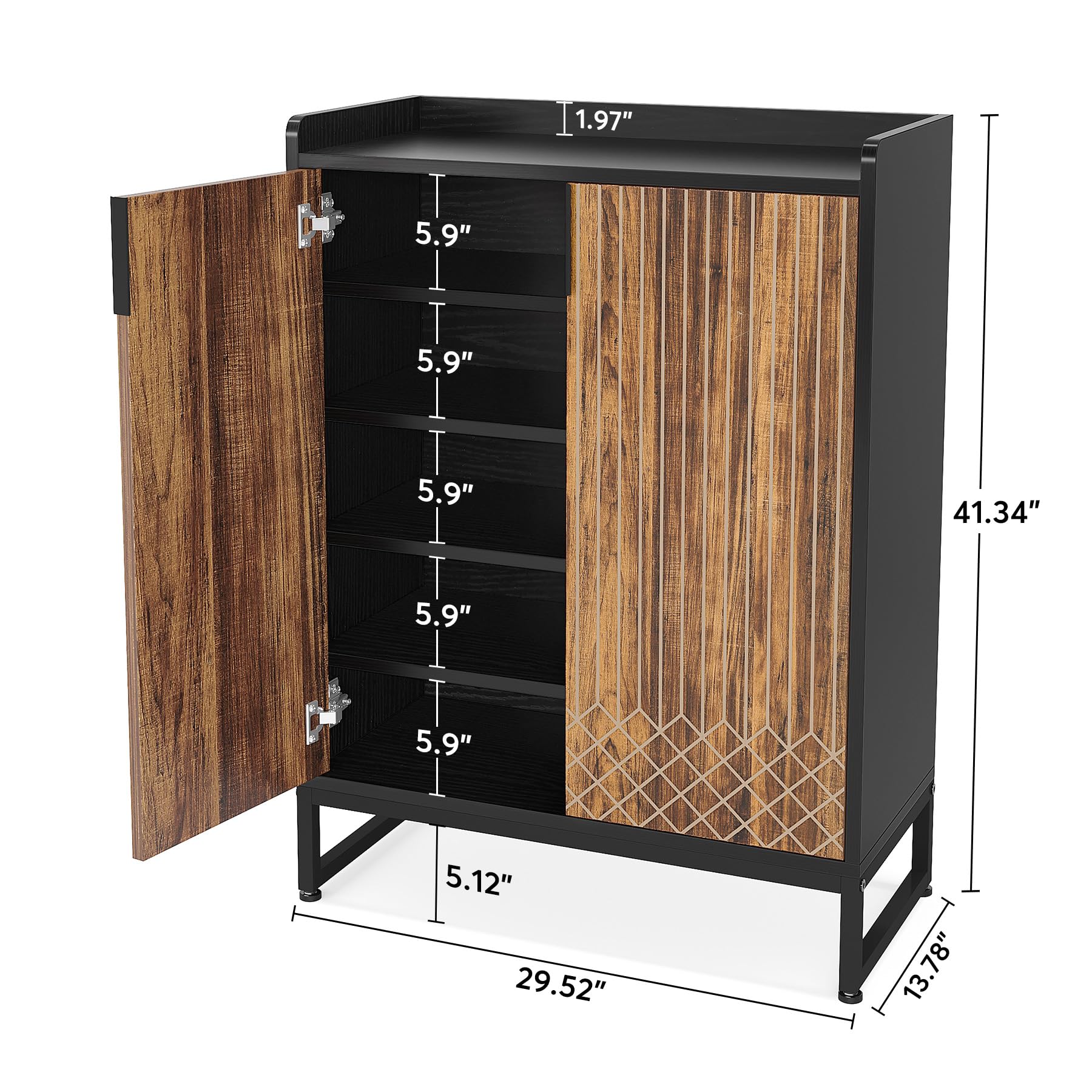Tribesigns Modern Shoe Cabinet for Entryway, 25 Pairs Shoe Cabinet with Doors, Wood 5-Tier Shoe Organizer, Freestanding Brown Shoe Storage Cabinets with Black Metal Frame for Bedroom Living Room