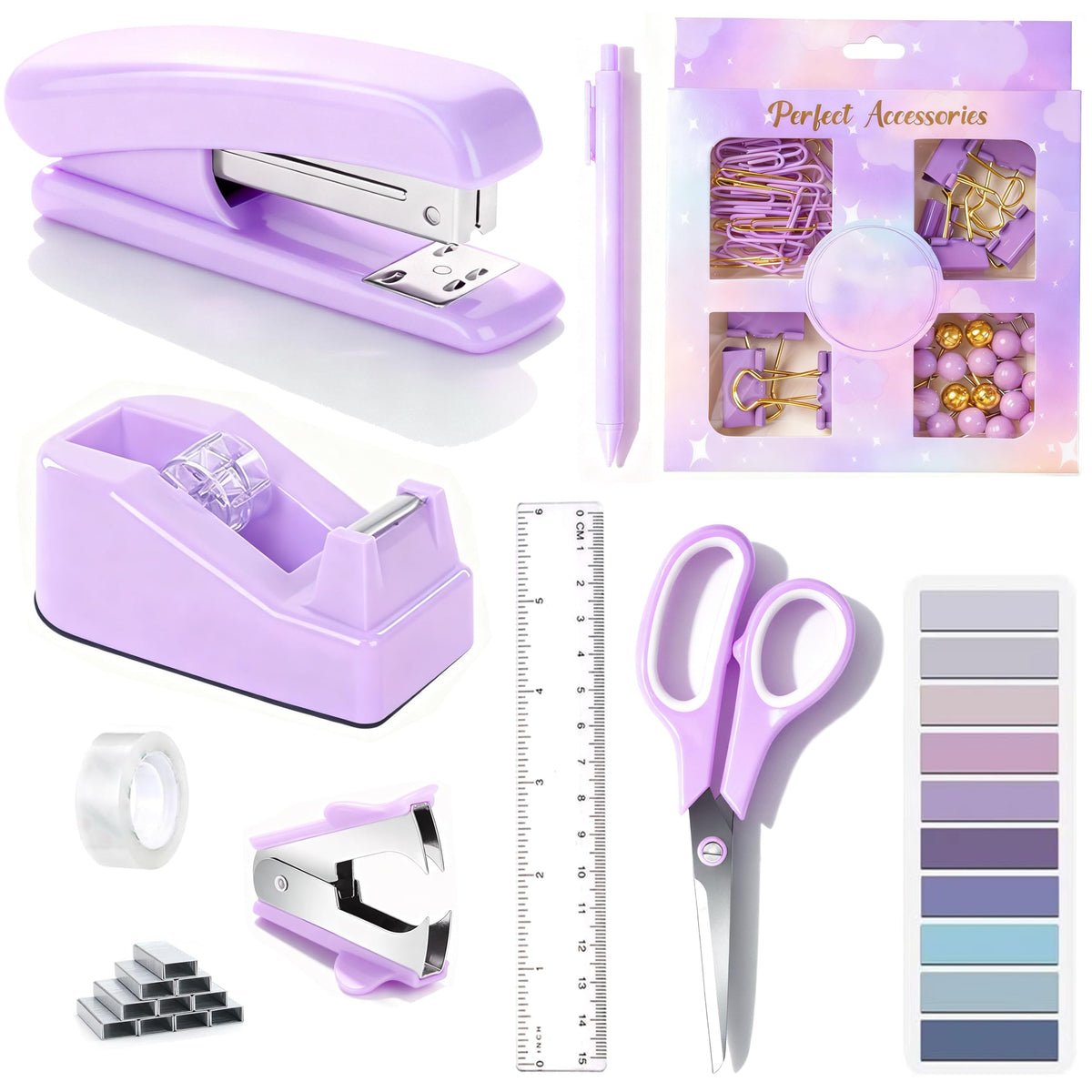 Dimonluce Office Desk Accessories, Black Office Supplies Accessories with Tape Dispenser, Stapler, Staple Remover, 1000 Staples, Tape, Clips Set, Ruler, Scissor, Pen