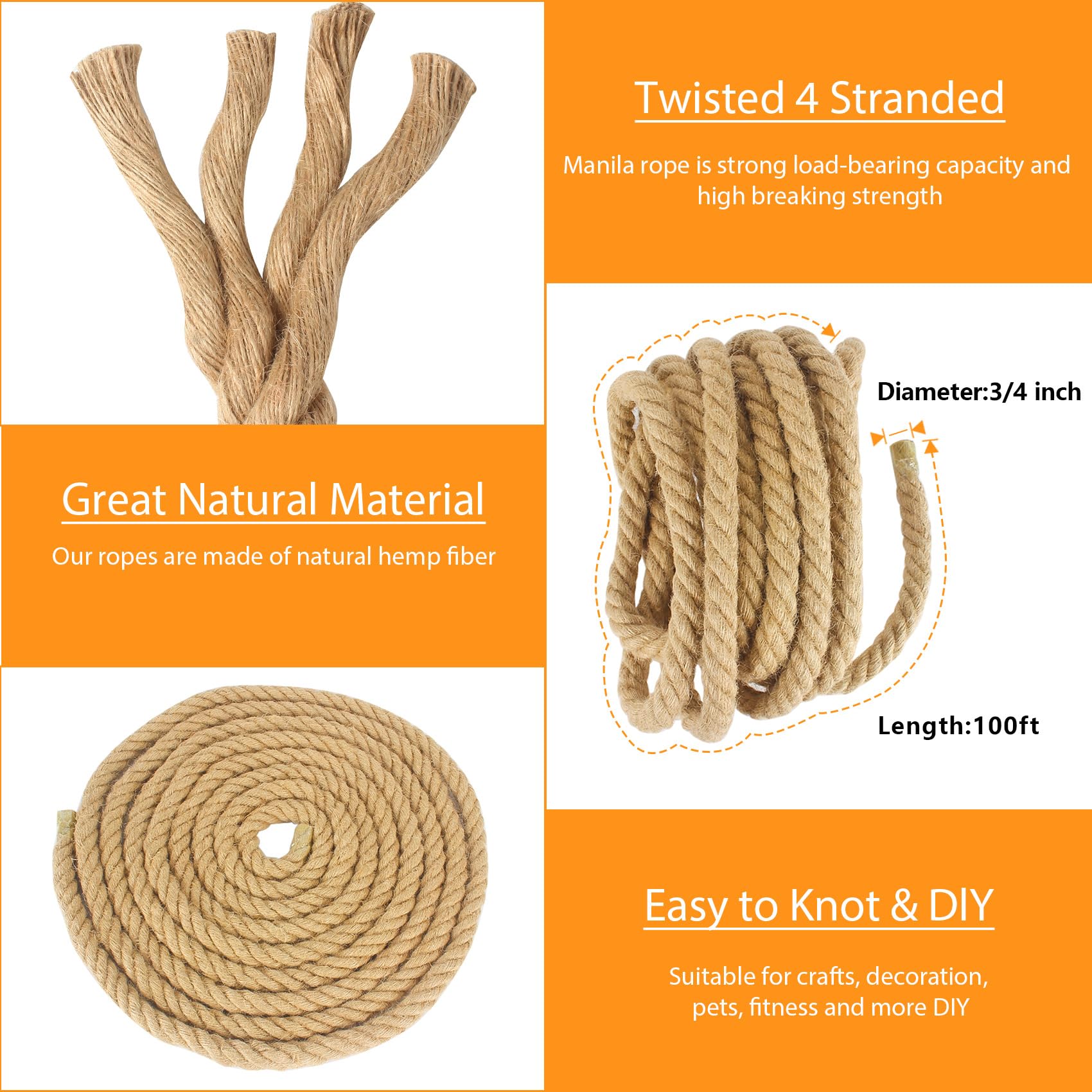 Manila Rope 2 Inch X 50 Ft, Thick Hemp Rope 4 Strand Twisted, Natural Hemp for Crafts Heavy Duty Multipurpose for Swing Bed, Camping, Tug of War, Docks, DIY Projects.