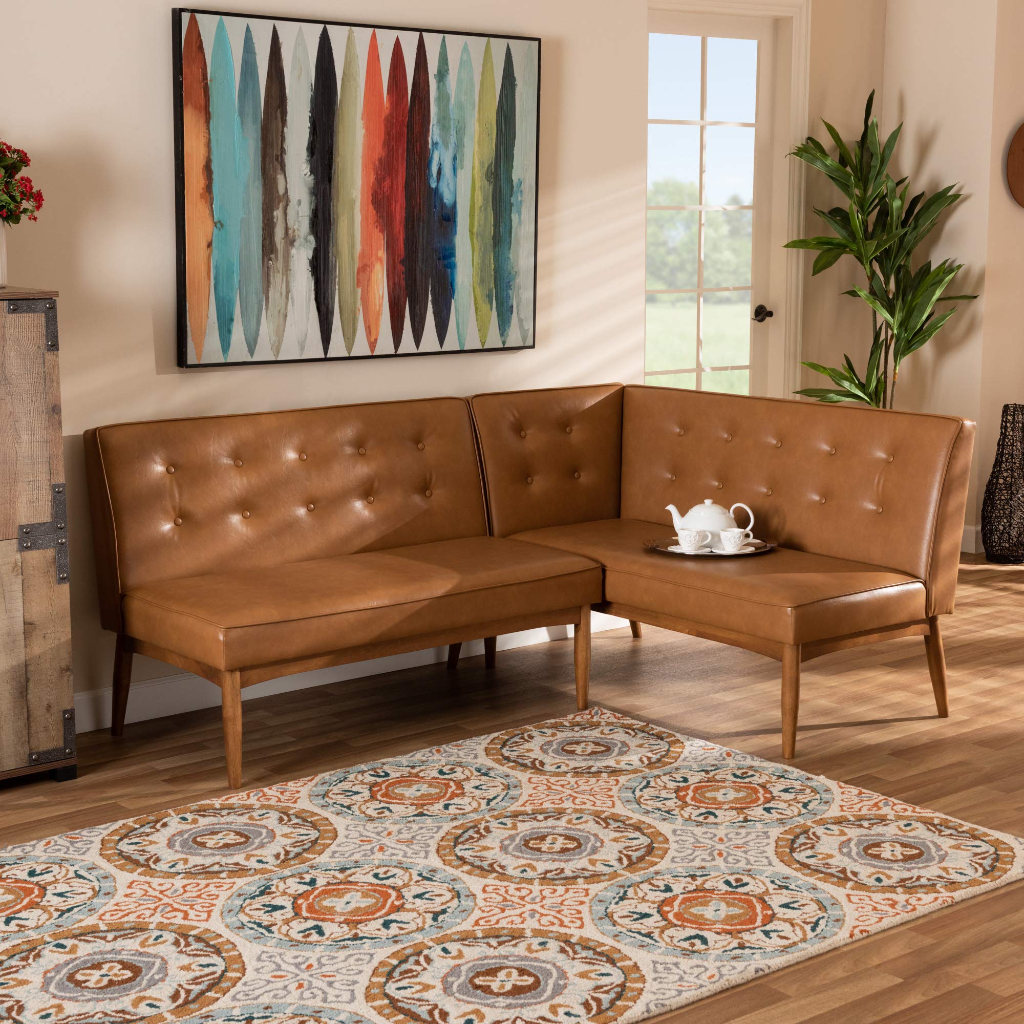 Baxton Studio Arvid Mid-Century Modern Dark Brown Faux Leather Upholstered 2-Piece Wood Dining Corner Sofa Bench