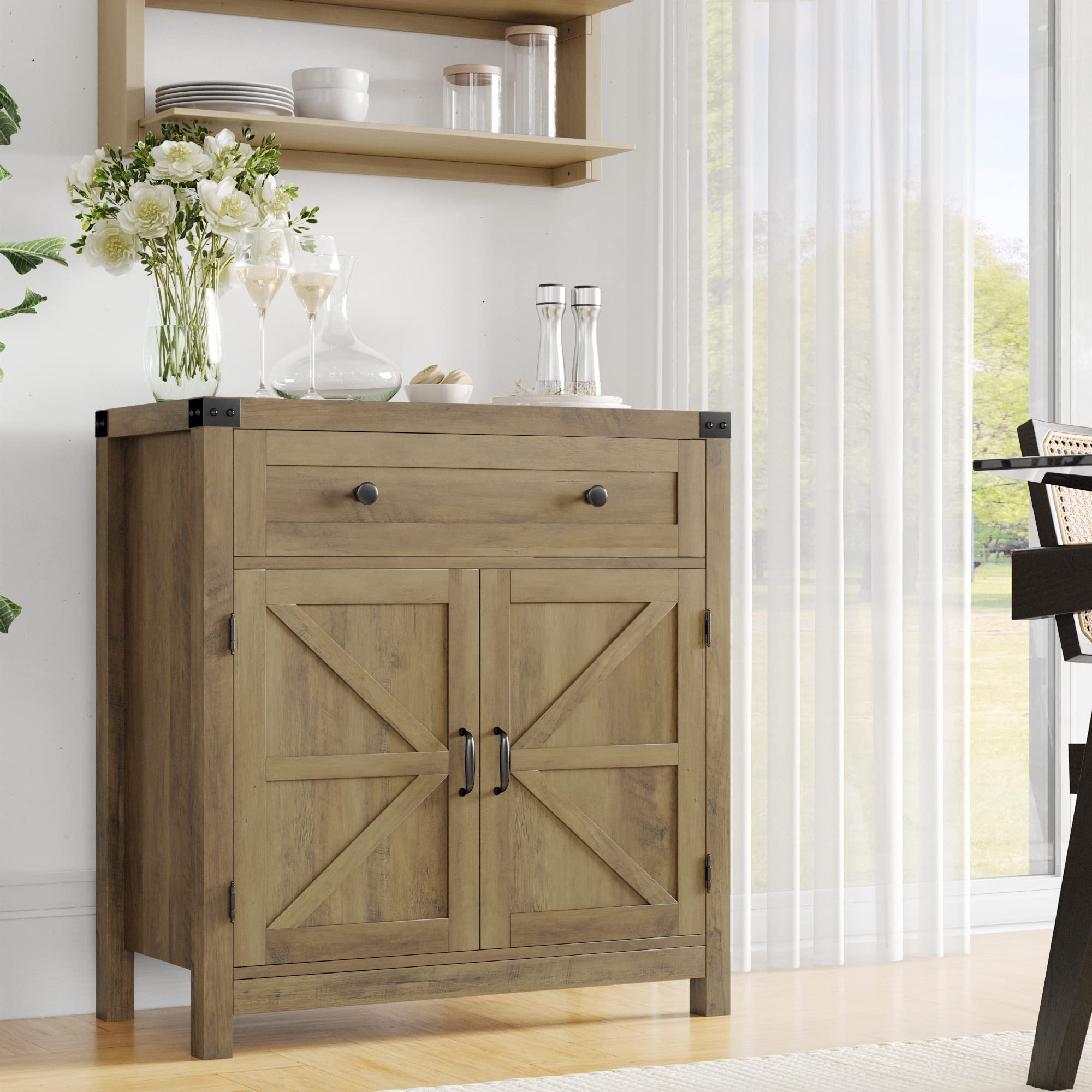 HOSTACK Coffee Bar Cabinet, Kitchen Storage Cabinet, Modern Farmhouse Buffet Sideboard with Drawer and Adjustable Shelf, Barn Door Accent Cabinets for Kitchen, Dining Room, Entryway, Ash Grey