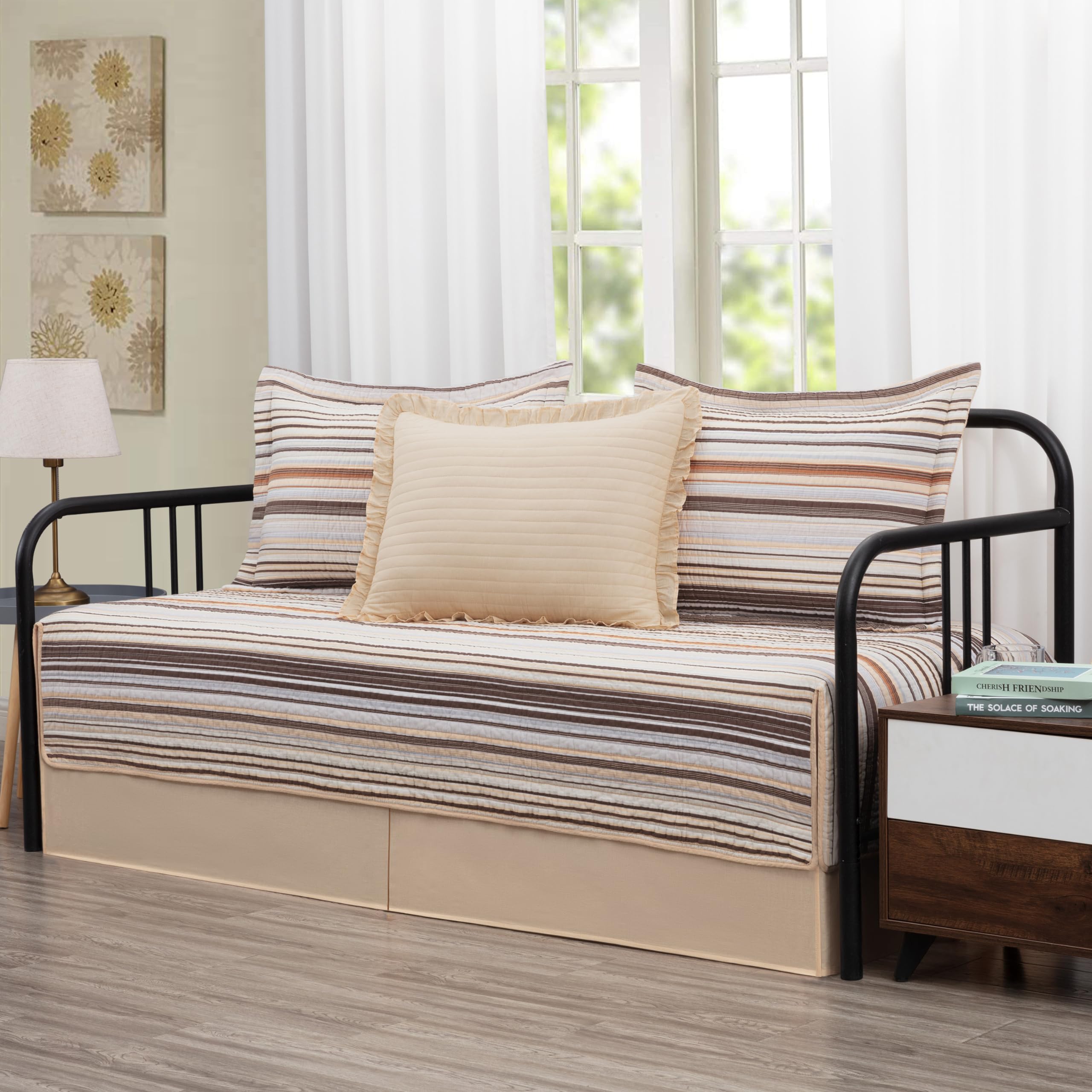 Chezmoi Collection Avery Striped Cotton Quilt Set Twin Size, 2-Piece Soft Pre-Washed 100% Cotton Quilt, Multi-Color Brown