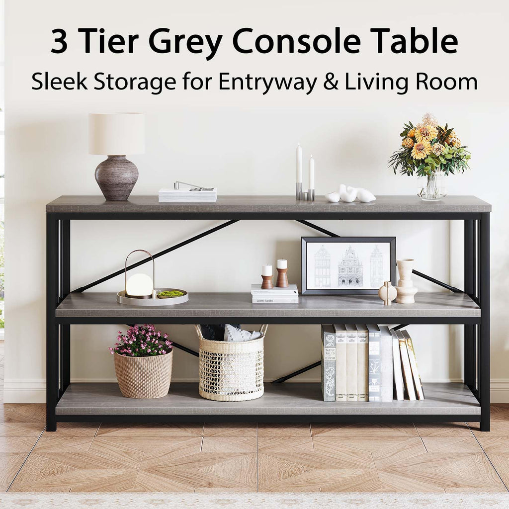 LVB Black Console Table, Modern Entryway Table for Hallway Living Room, Industrial Sofa Table Behind Couch, Farmhouse Wooden Metal Entry Table for Foyer with 3-Tier Storage Shelves, Black Oak, 55 Inch