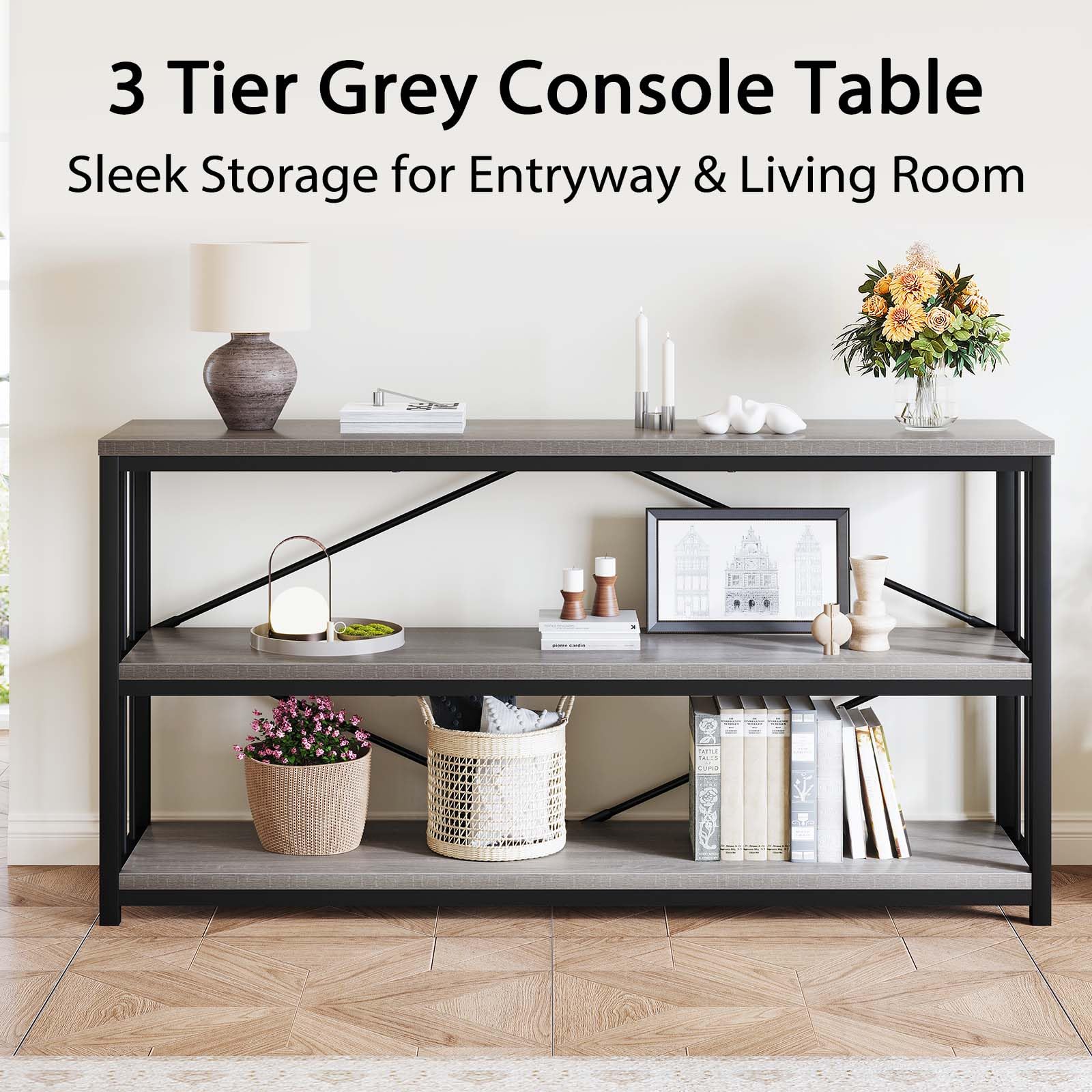 LVB Black Console Table, Modern Entryway Table for Hallway Living Room, Industrial Sofa Table Behind Couch, Farmhouse Wooden Metal Entry Table for Foyer with 3-Tier Storage Shelves, Black Oak, 55 Inch
