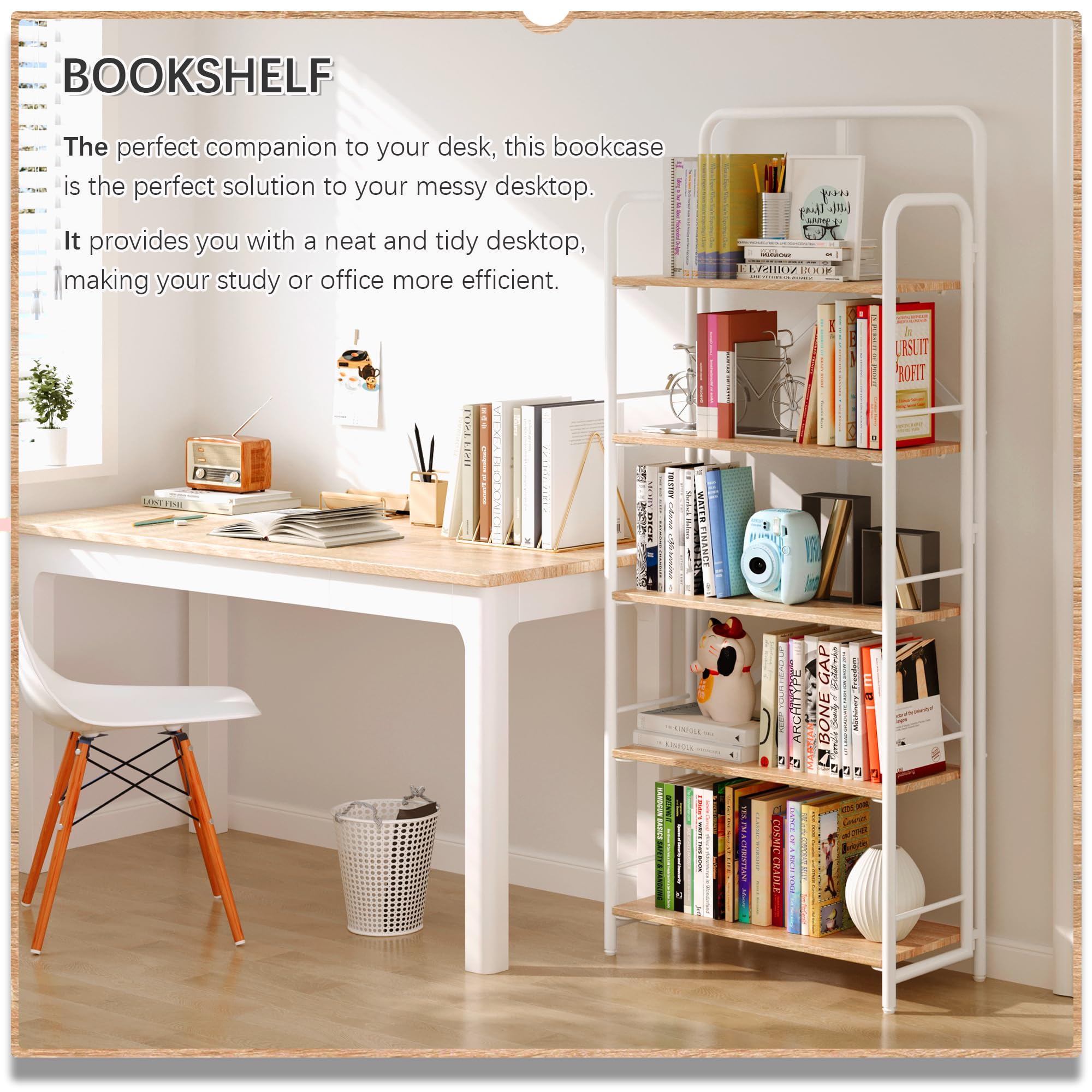 4NM No Assembly Folding Bookshelf, 3 Tiers Collapsible Book Shelves Open Industrial Foldable Storage Bookcase Shelf for Bedroom, Living Room, Home Office - Natural and White