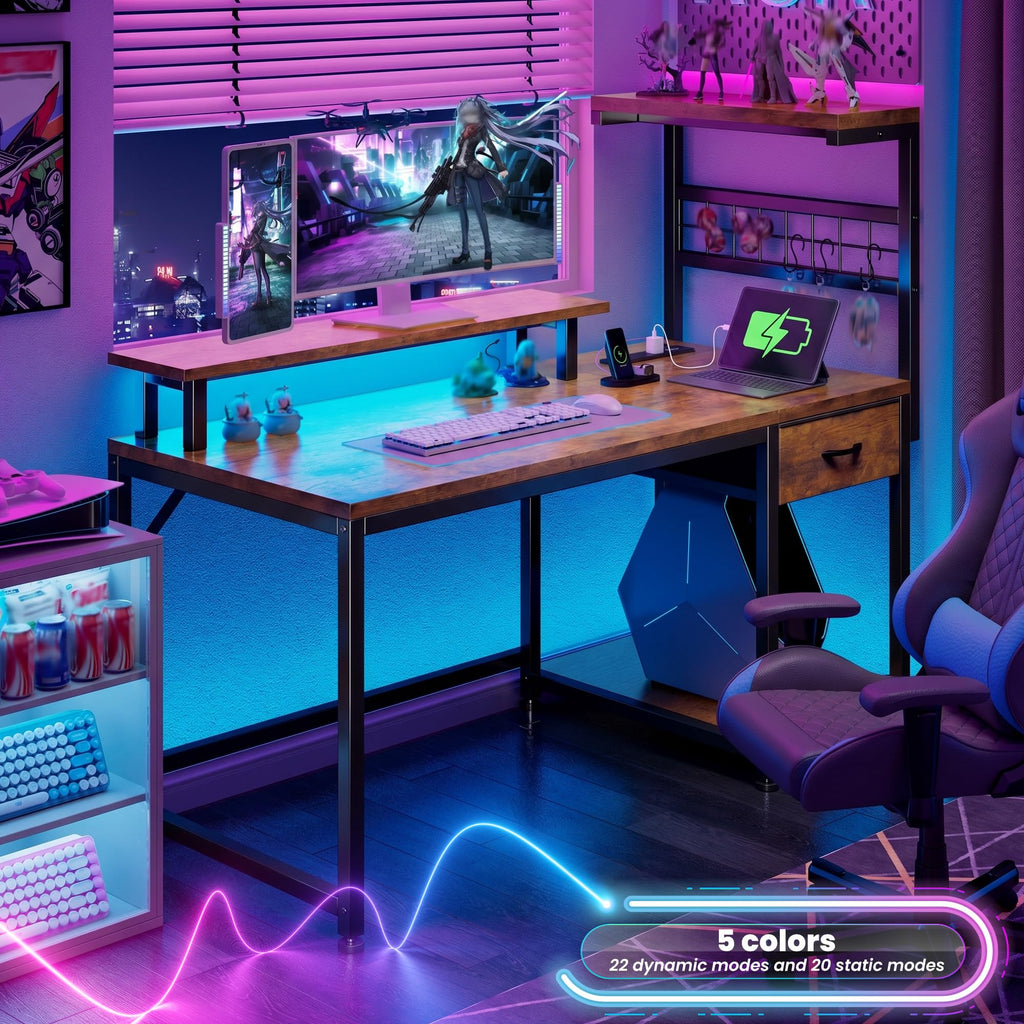 EnHomee 40" Gaming Desk with Power Outlets & LED Lights, Computer Desk with Drawer & Storage Shelve, Home Office Desk with Monitor Stand for Living Room, Study Room, Gaming Room, Black