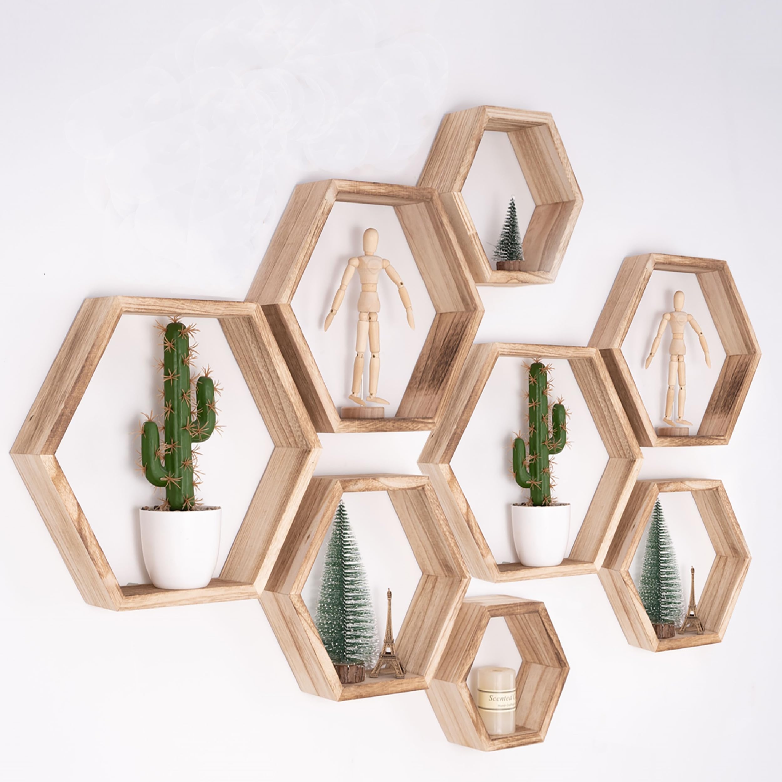 WONFUlity Hexagon Shelves for Wall Mounted, Wood Farmhouse Storage Honeycomb Floating Shelves for Wall Decor,Screws Anchors Included,5pc