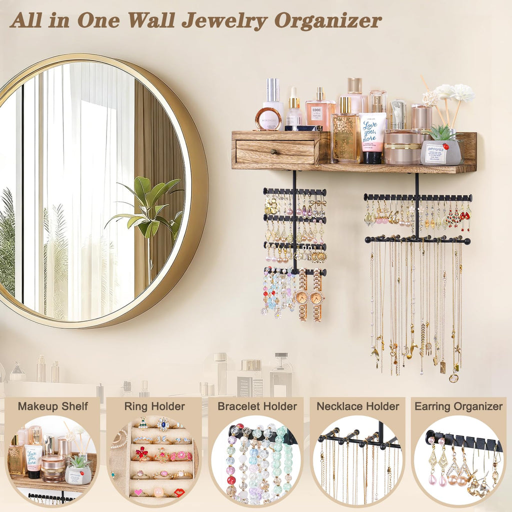 VINAEMO Jewelry Organizer Hanging Wall Mounted Jewelry Holder with Rustic Wood Drawer & Large Capacity Storage Shelf Rack Display for Earrings Rings Necklaces Bracelet(Black)