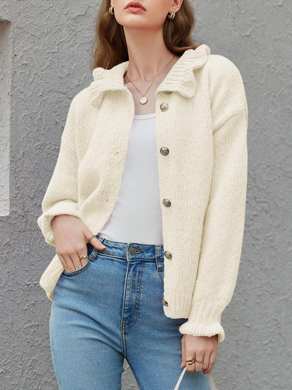 Saodimallsu Womens Ruffle Cardigan Oversized Button Up Fall Trendy Ribbed Knit Open Front Long Sleeve Loose Cute Sweater