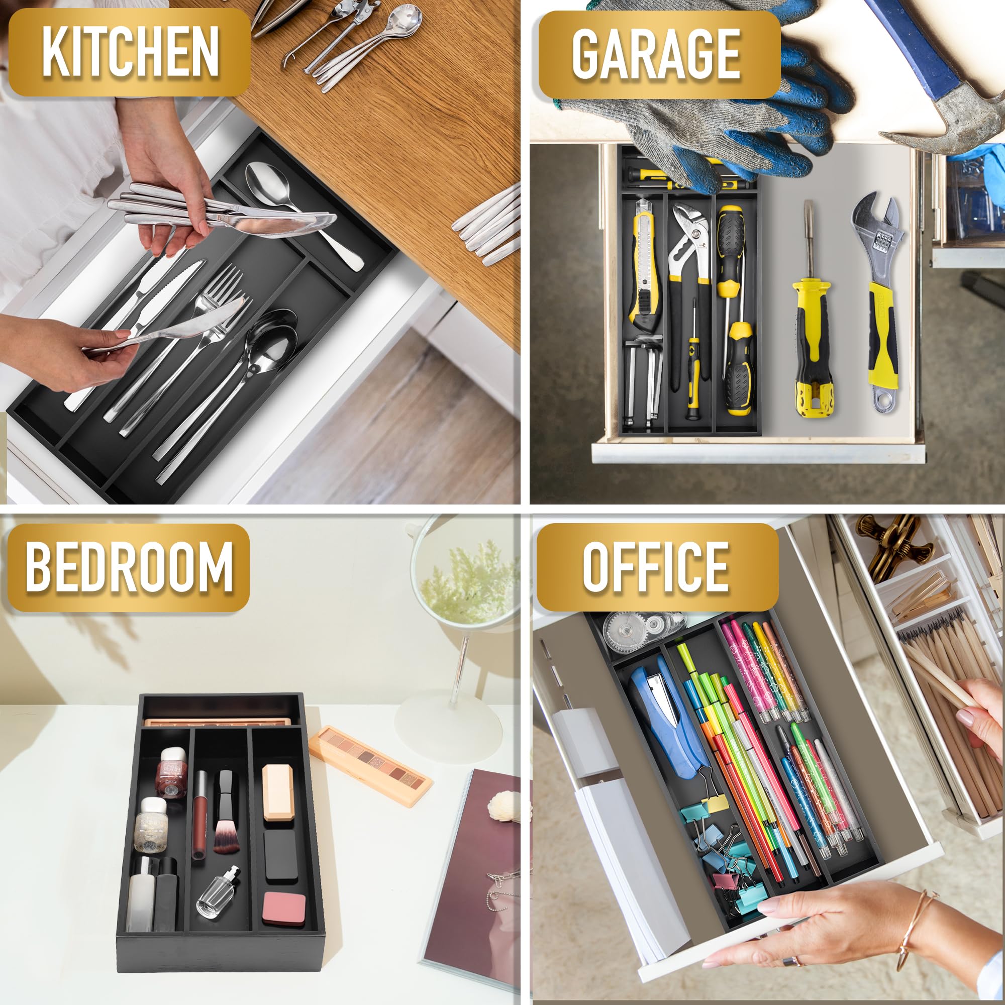 Acacia 4 Slot Silverware Drawer Organizer - Cutlery Holder with Flatware Tray